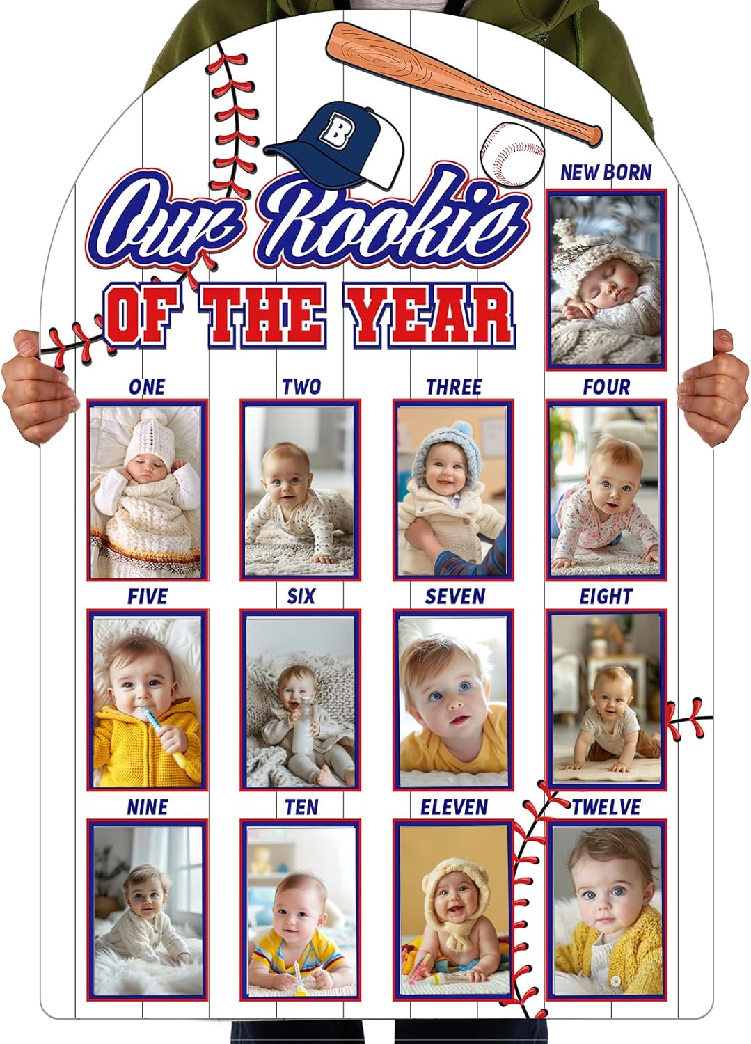 My First Year Photo Board, Baby's First Year Photo Frame with 12 Monthly Milestone Markers Large Picture Display Board for 1st Birthday Decor (Baseball Theme)