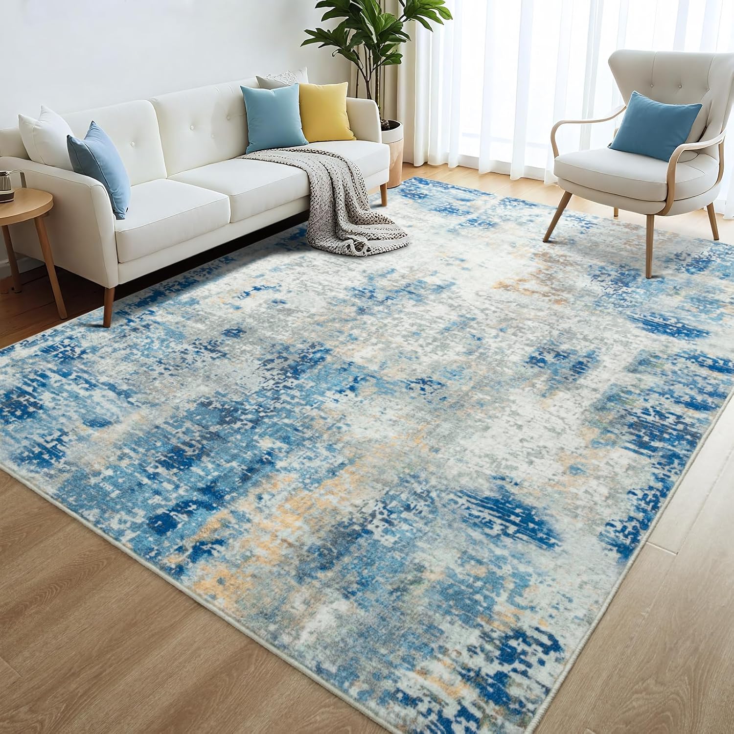 Merelax 4x6 Washable Area Rug for Living Room, Blue Boho Abstract Bedroom Area Rugs, Non Slip Entryway Rug, Low Pile Carpet for Kitchen Dining Room Study Office Kids Room