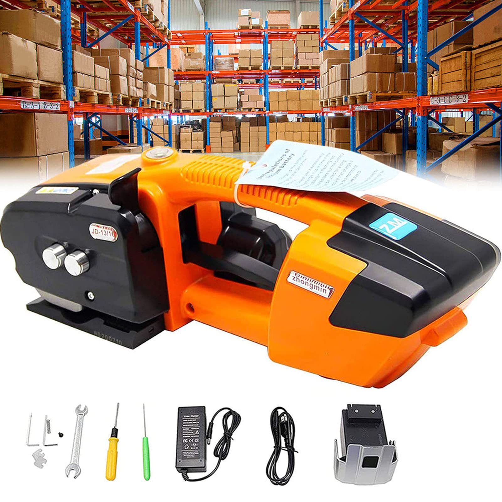 Automatyczne narzędzie do spinania taśmą 1/2-5/8 cala PP/PET 3000mAh bateria plastikowe narzędzie do spinania pudełek paleta elektryczna maszyna do taśmowania narzędzia do taśmowania, pomarańczowy