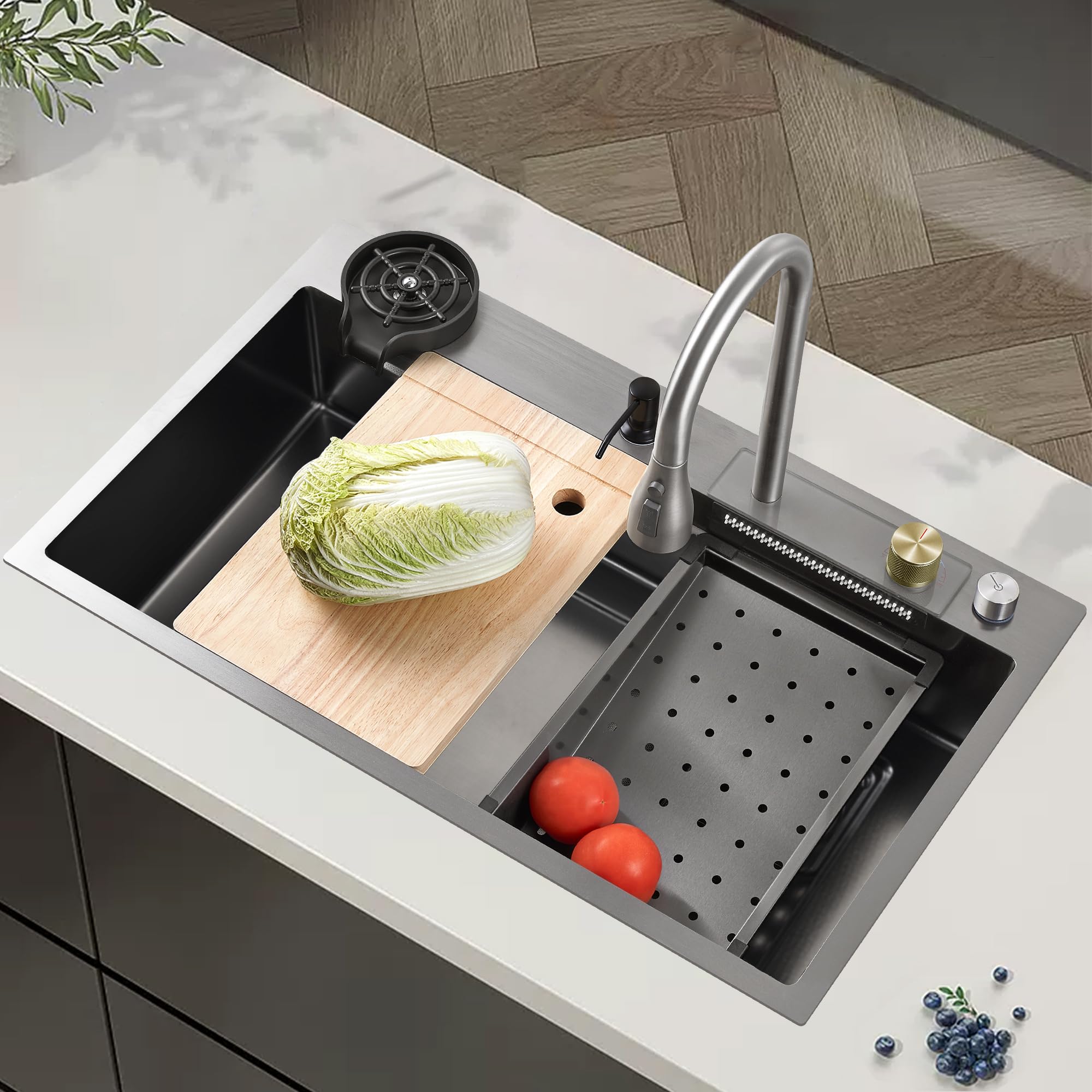 85x45 cm Edelstahl Wasserfall SpüLbecken,Schwarze Nano-KüChenspüLe Mit Multifunktions-Top-Mount-Wasserfall-Wasserhahn Und SpüLbeckenzubehöR-Set 1 Becken EinbauspüLe
