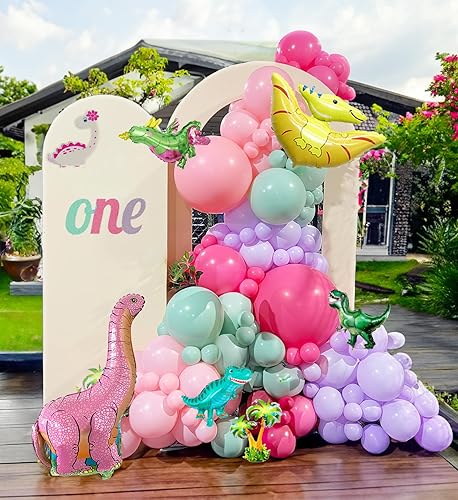 Kit de arco de guirnalda de globos de dinosaurio rosa con rosa pastel morado verde azulado y globo de dinosaurio de aluminio para decoraciones de disponible en Yaxa Colombia