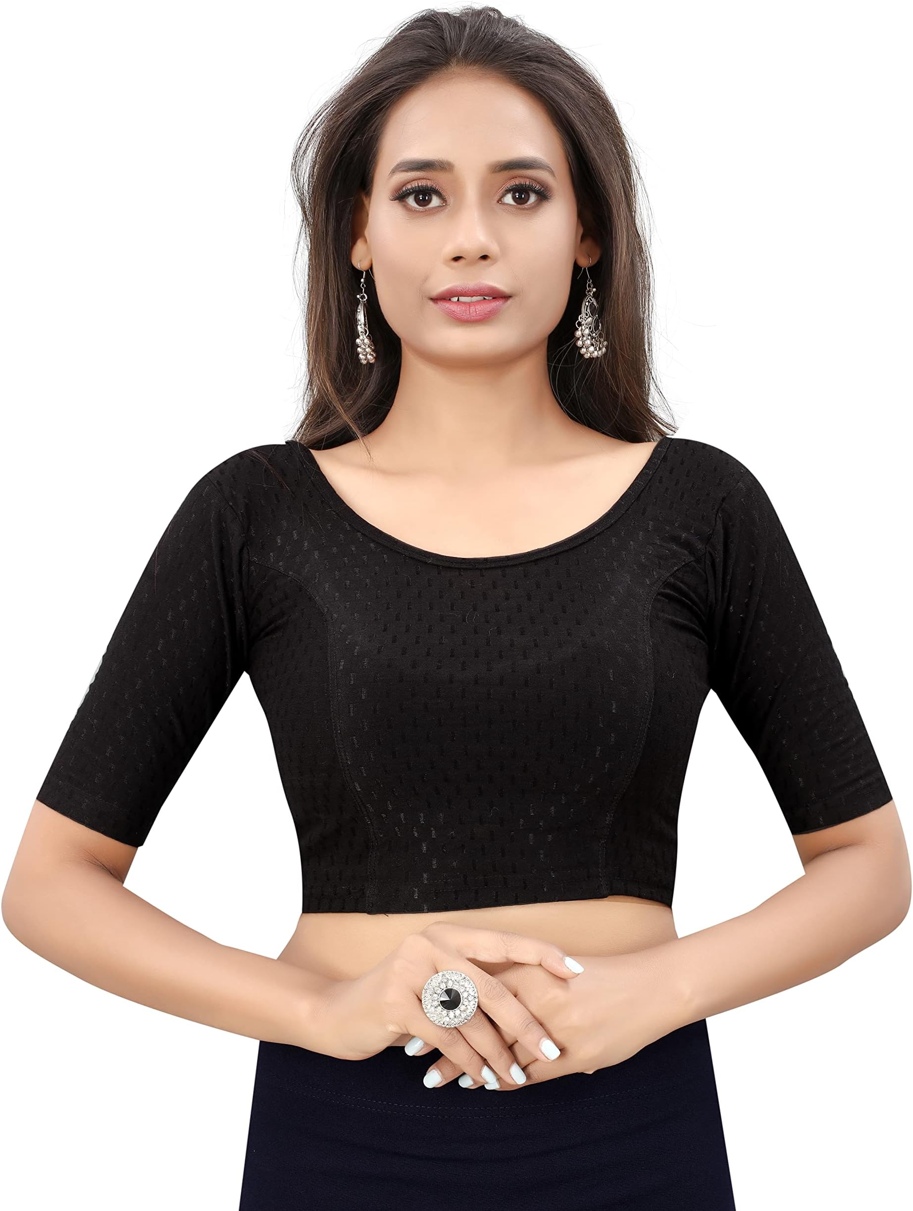 SAGIBO Women SAGIBO Round Neck Dobby Cotton Lycra Stretchable Elbow Sleeve Readymade Saree Blouse for Women Stylish Blouse (pack of 1)