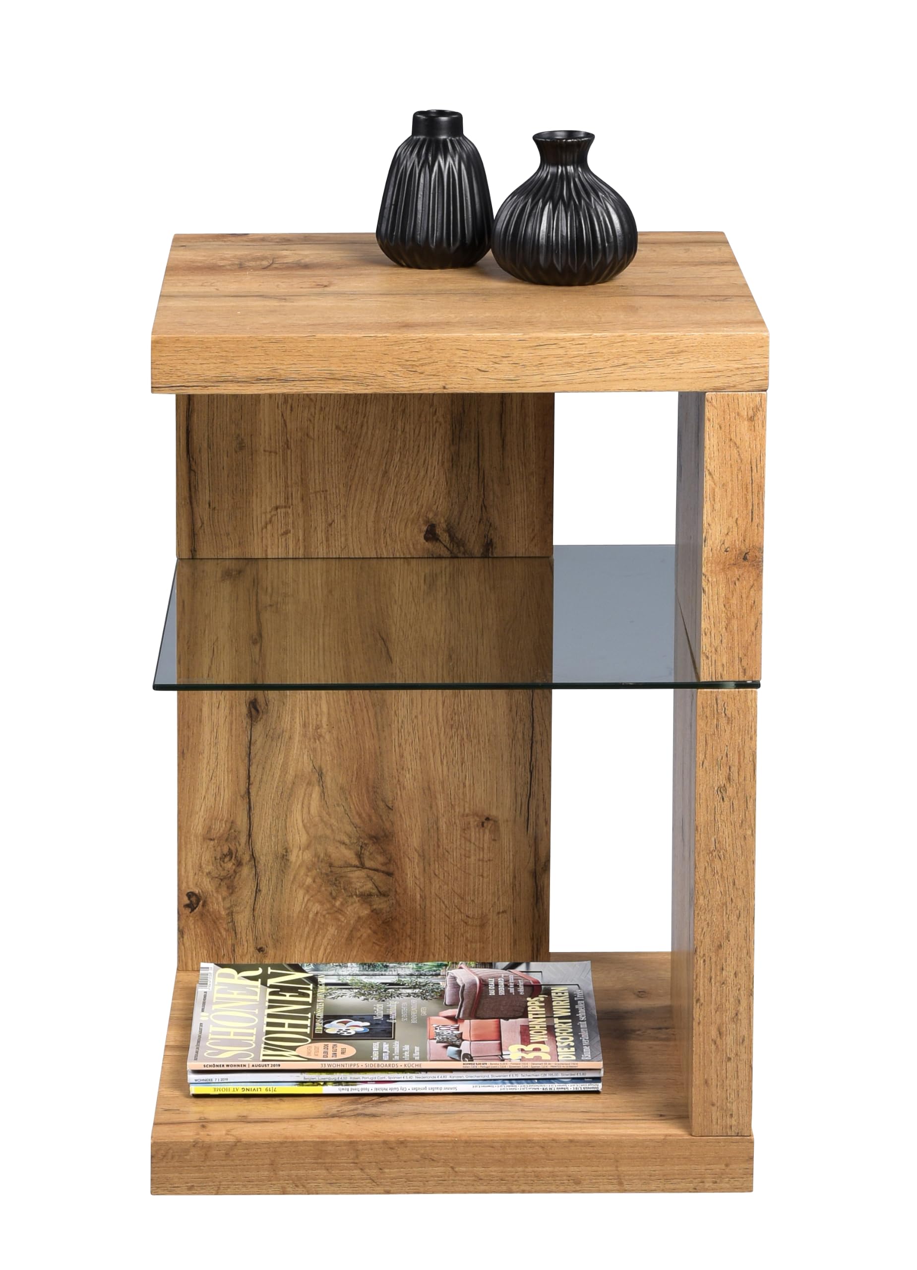 M2 Kollektion Domingo Beistelltisch/Nachttisch I Modernes Design I MDF mit Wildeiche-Dekor I Zusätzlicher Stauraum I Sicherheitsglas, 40x40x60 cm I Vielseitig einsetzbar