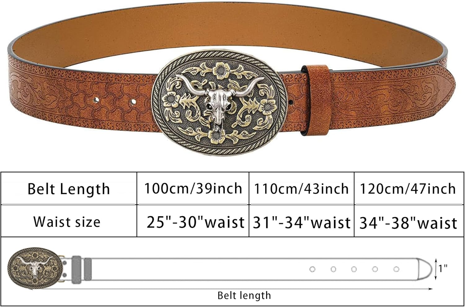 Mens Western Cowboy Belt Vintage Embossed Leather Belt With Longhorn Cow Pattern Buckle Fit 25" to 38" Waist - Image 2