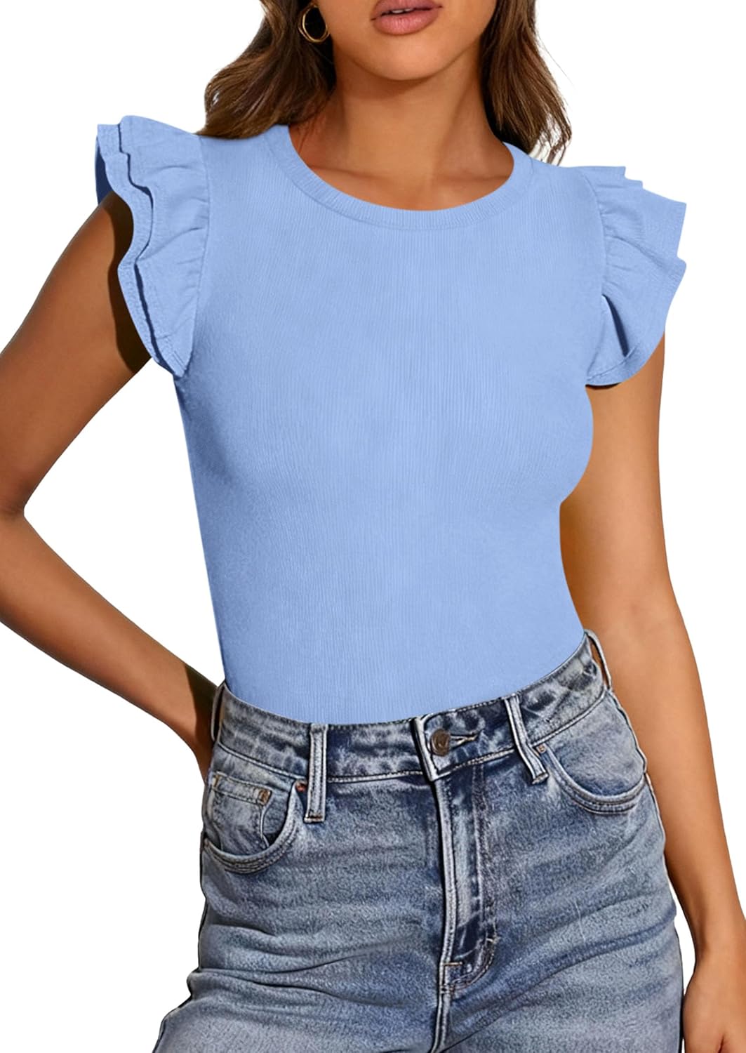 PRETTYGARDEN Womens Summer Crew Neck T Shirts 2026 Trendy Ruffle Sleeve Slim Fit Knit Going Out Tops Casual Spring Clothes - Image 7