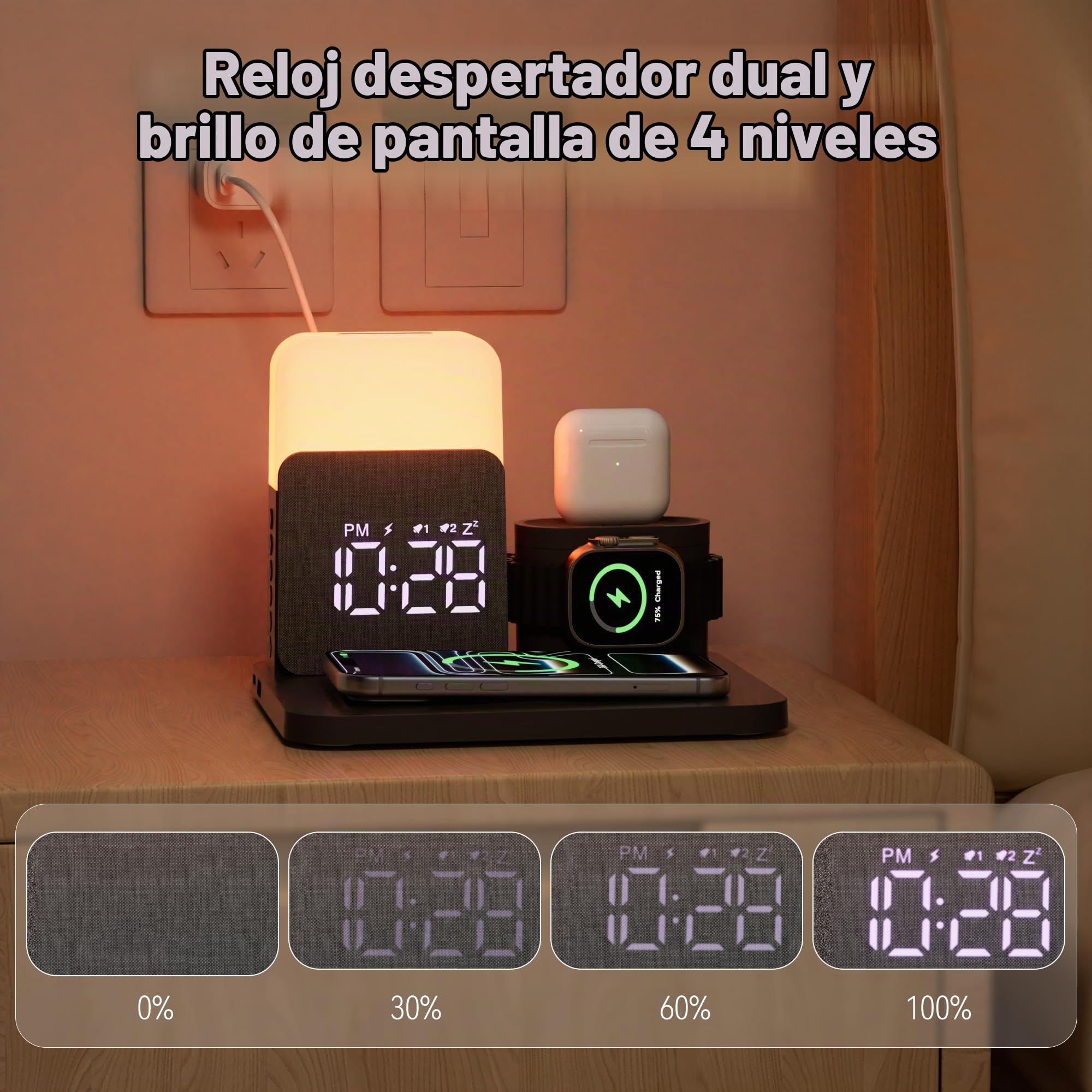 5 en 1 Cargador Inalambrico para i Phone 17-11, con Reloj Despertador | Stazione Ricarica a pple Watch y Air-Pods Caricatore Wireless y Luz Nocturna Adaptador Incluido – para Dormitorio Oficina