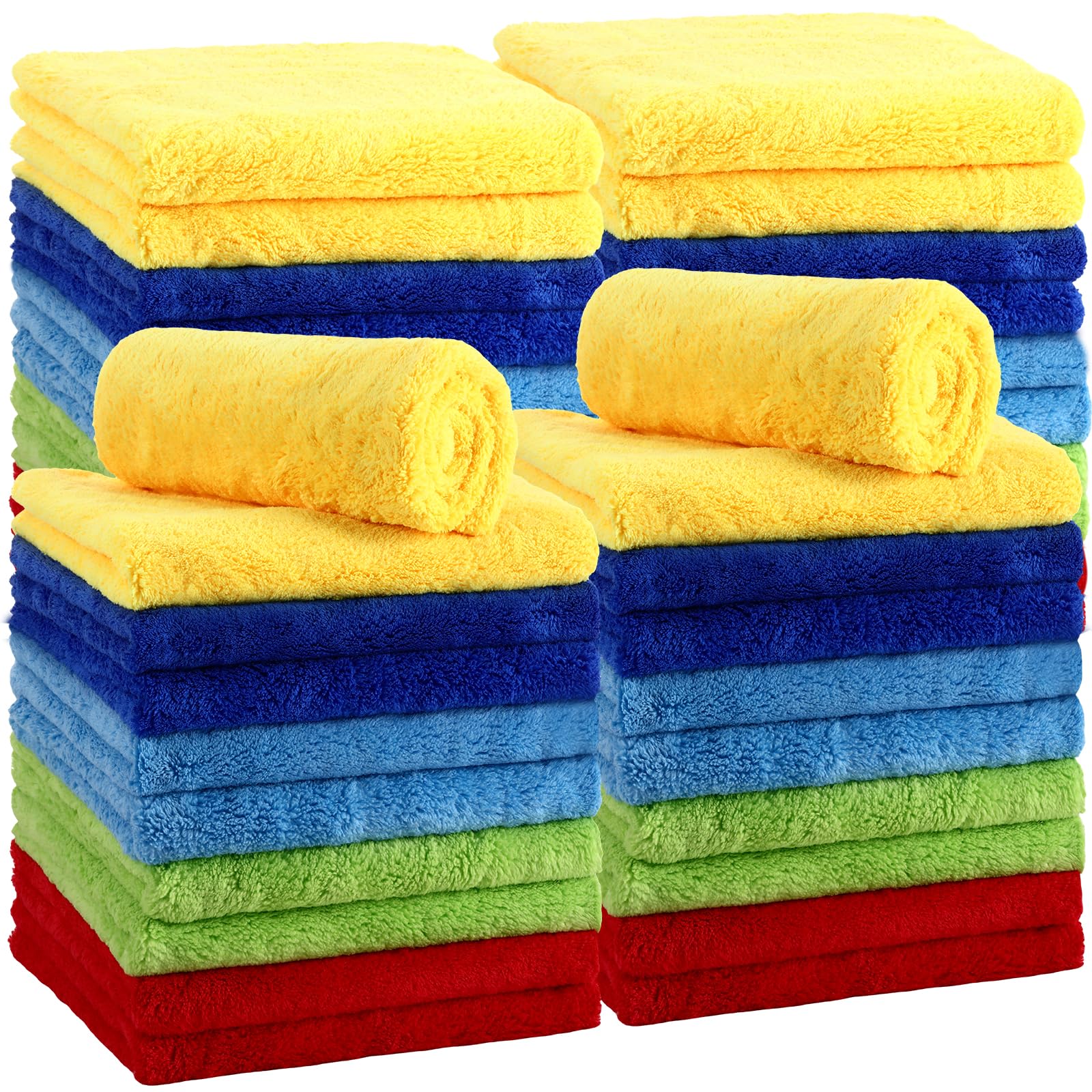 Shimeyao 30 toallas de felpa de microfibra sin bordes para automóviles, secado y lavado, paños de limpieza absorbentes, 500 g/m², 16 x 16 pulgadas (multicolor)