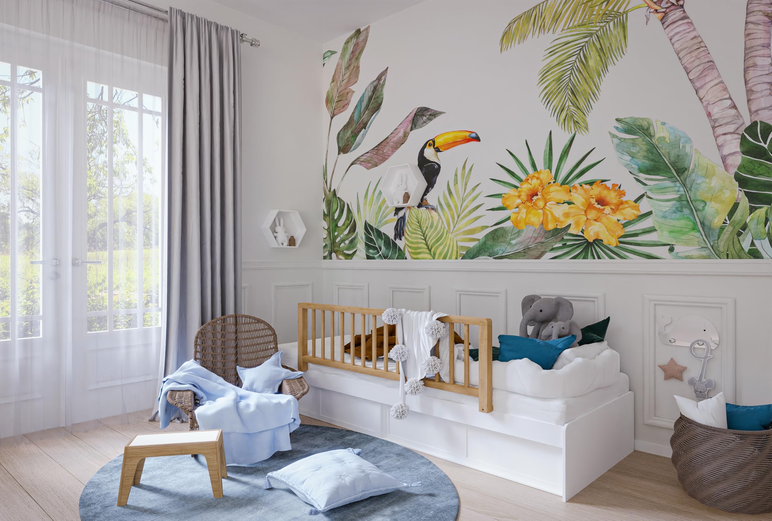 Barriere de Lit Enfant - 120 cm Bois Naturel - Idéal pour éviter Les Chutes - Sangles de Maintien