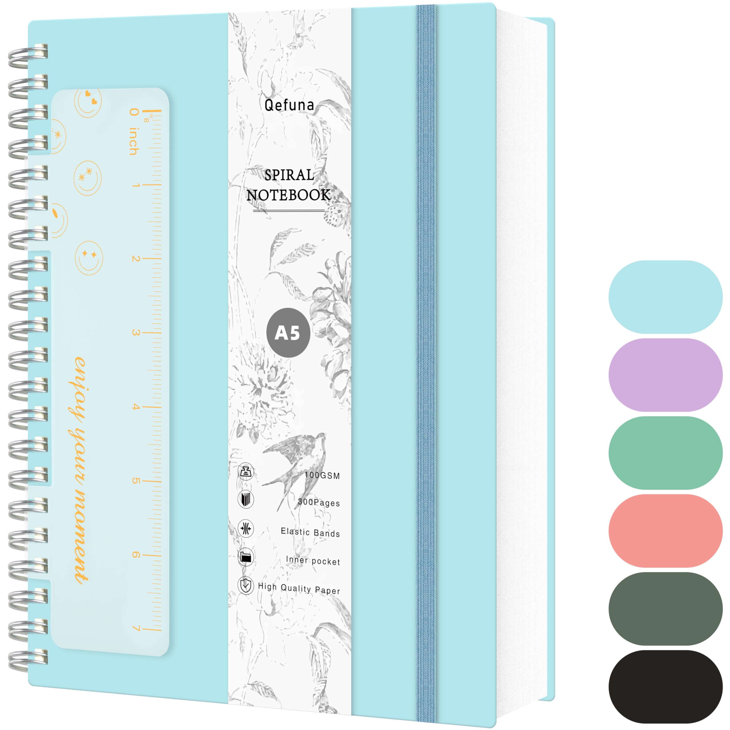 Qefuna Cuaderno A5 Rayado, Cuaderno Espiral de 300 Páginas, Papel Antitinta 100g/M², Tapa Dura de PVC, con Regla, Bolsillos Ampliables, Gomas Elásticas, para Mujer, Hombre, 14,5 x 21 cm-Azul