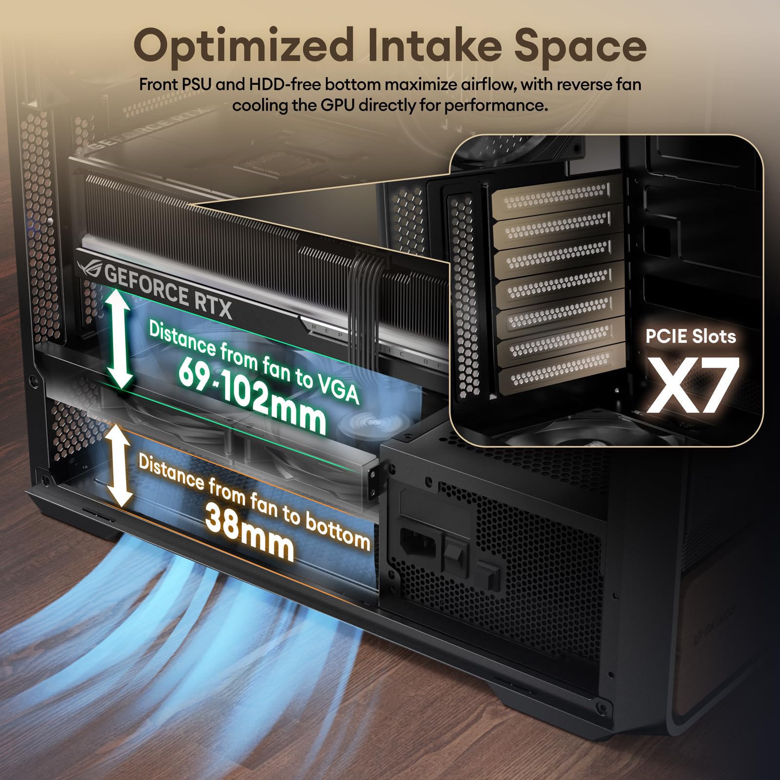 Okinos Air Cross, oryginalne etui ATX z drewna orzechowego, wentylator PWM 3 × 140 mm i wstępnie zainstalowany wentylator PWM 2 x 120 mm, panele siatkowe zoptymalizowane pod kątem przepływu powietrza