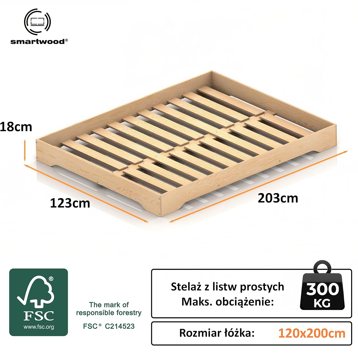 smartwood Łóżko dziecięce 120x200 ze stelażem, Drewno, Biały, TILA 7 | Łóżko podłogowe Montessori, wejście 18 cm, nośnoś