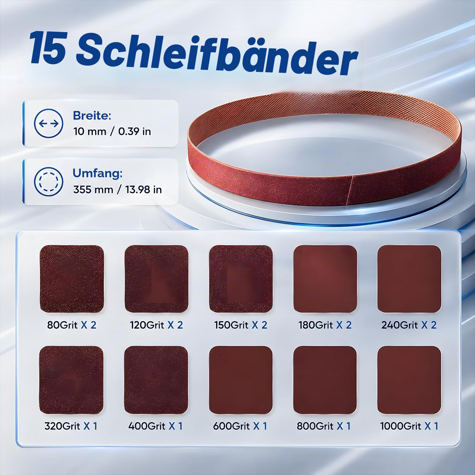 Mini Akku Bandschleifer, 15 Schleifbänder, 10x355mm mit 2 Akkus