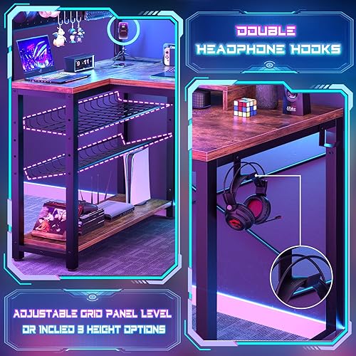 Miniatura 4 de Homieasy Escritorio pequeño para juegos con tomas de corriente, luz LED de tablero de clavijas, escritorio de computadora en forma de L de 43