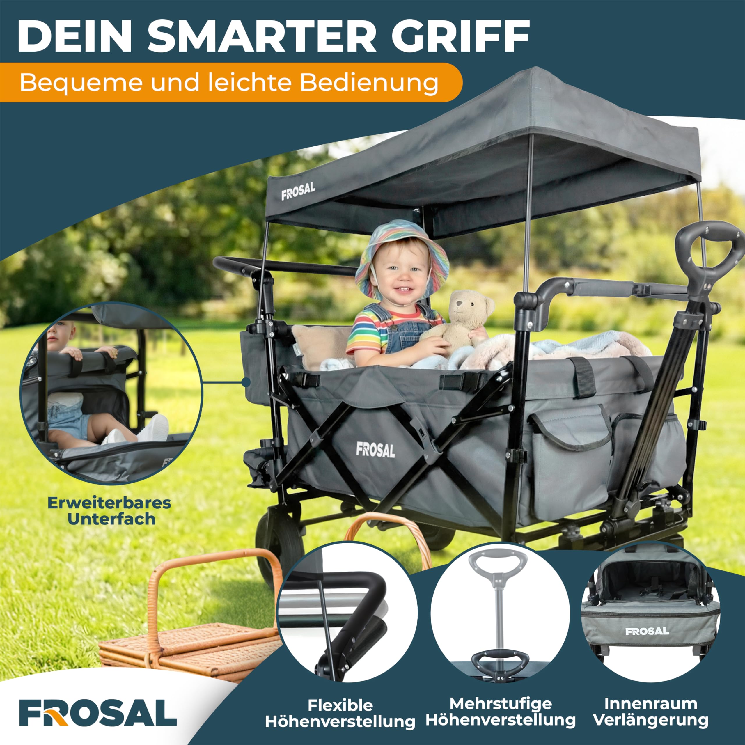 FROSAL Bollerwagen Leo faltbar mit Luftreifen & Dach – Handwagen klappbar für Strand, Camping & Garten – 80kg belastbar – mit Bremse, Schiebegriff & Zugstange – Transportwagen Kinder grau