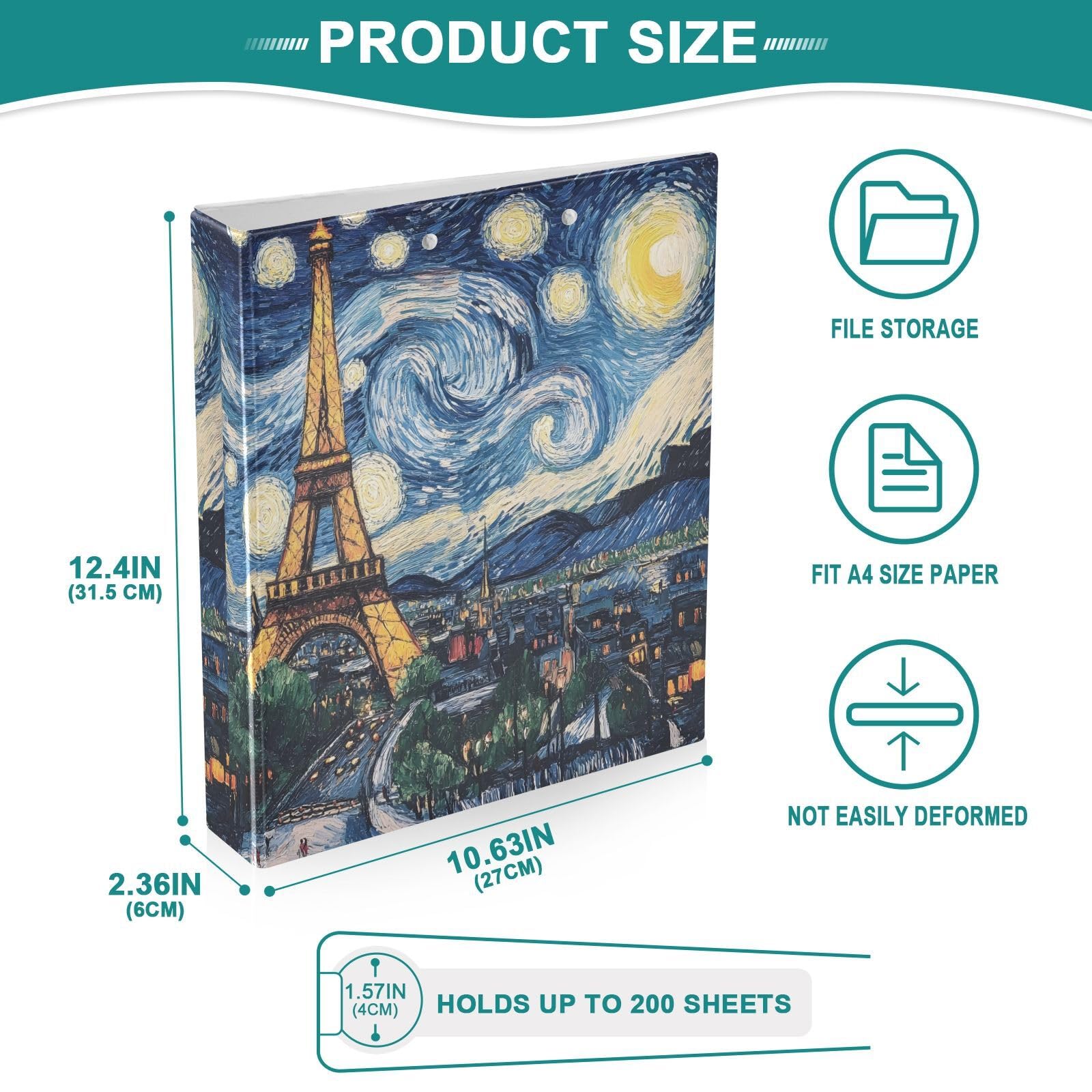 Confezione da 2 raccoglitori ad anelli, motivo Parigi Eiffel, notte stellata, con portablocco, grandi raccoglitori a 3 anelli, per scuola, università, ufficio