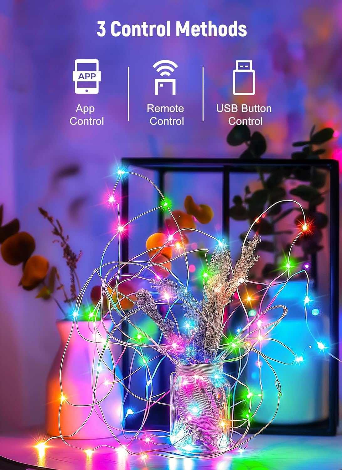 Image showing three control methods for the fairy lights: App Control, Remote Control, and USB Button Control.