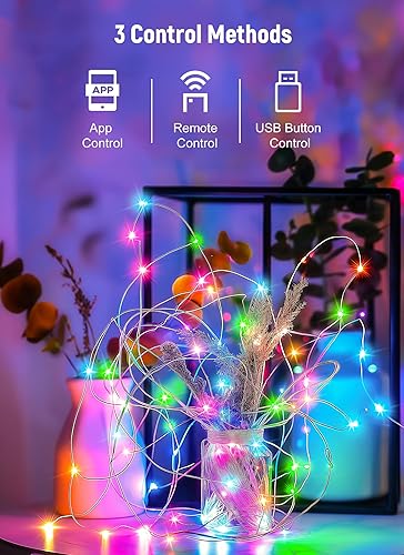 Miniatura 3 de Luces de hadas inteligentes con enchufe, paquete de 2, 33 pies, 100 LEDs, USB, Bluetooth, luces intermitentes con temporizador y control remoto,