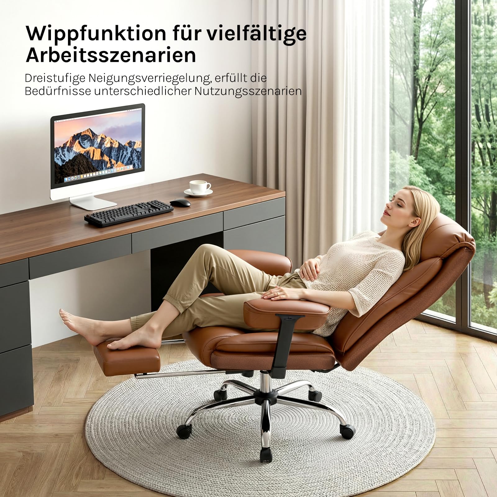 WOLTU Bürostuhl Ergonomisch,Chefsessel Doppellagige Rückenlehne, PU Braun | 3-stufige Rückenlehnenverstellung, mit Lendenwirbelstütze, Fußstütze, für Büro, Besprechungsraum