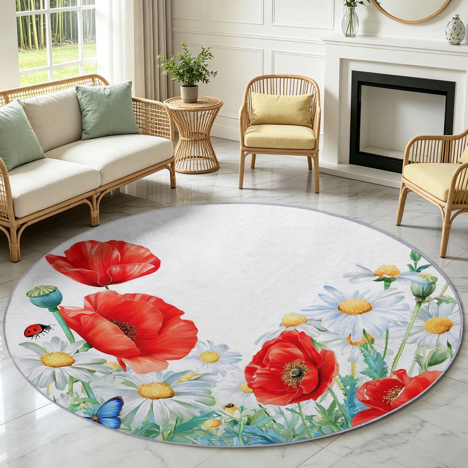 Tappeto rotondo lavabile, 90 cm, motivo natura botanica, morbido, con stampa di papaveri floreali, a pelo corto, antiscivolo, per ingresso, soggiorno, camera da letto, accanto al divano e all'ufficio