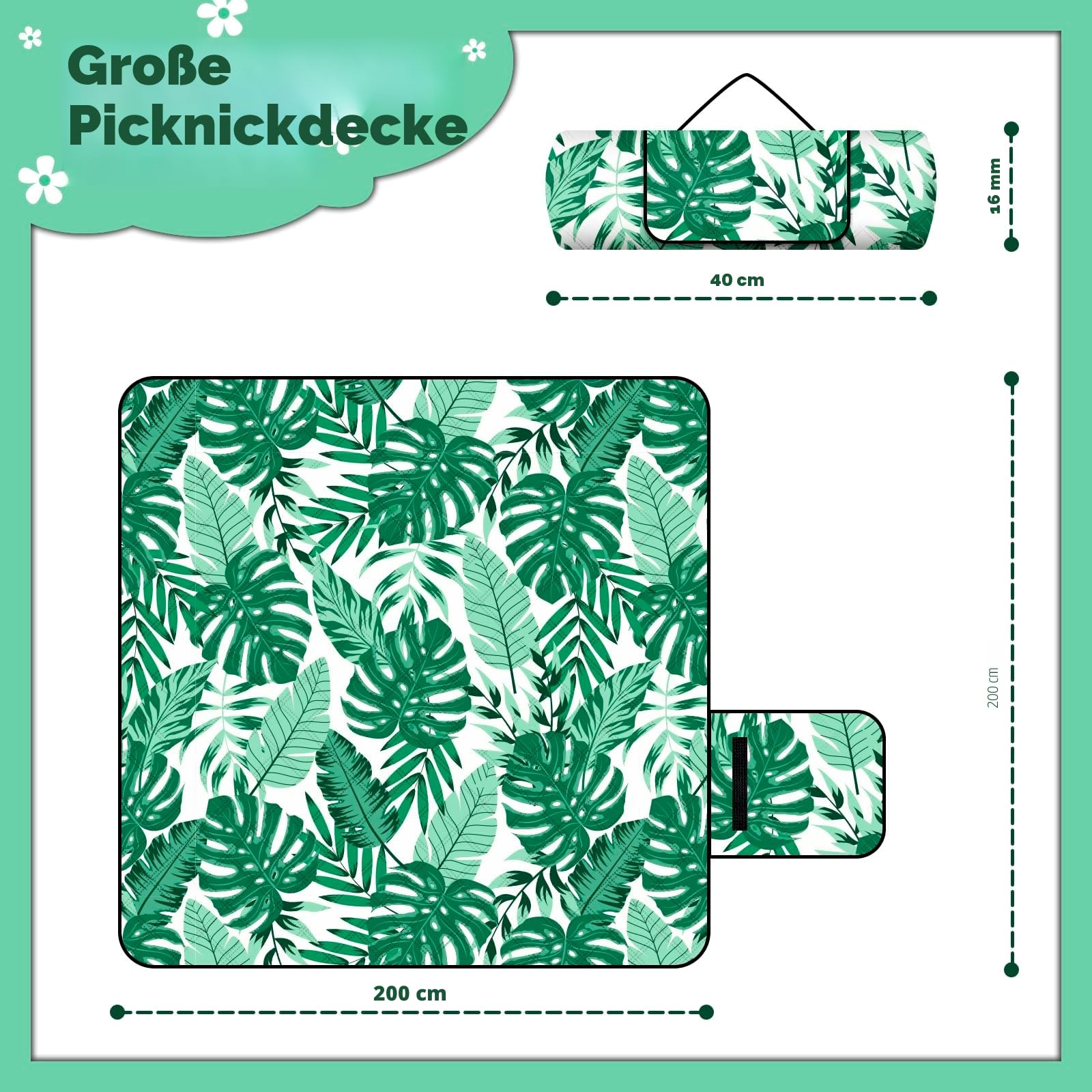 Picknickdecke,200x200 cm,Wasserdicht & Isoliert,Blattmuster Sandfeste Strandmatte für 4-6 Campingdecke,Faltbar und Tragbar mit Tragegriff,Campingdecke für Outdoor,Reisen,Wandern und Picknick