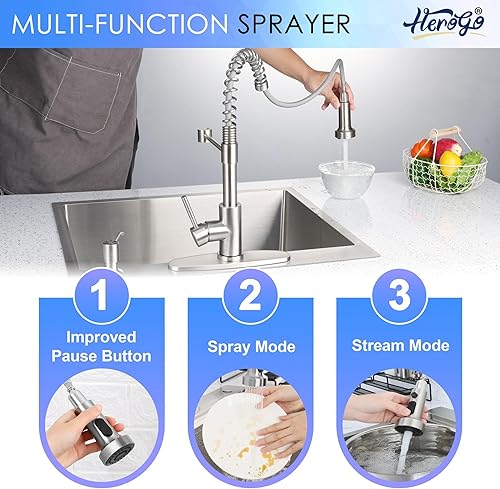 Miniatura 4 de Herogo Grifos de cocina con dispensador de jabón de níquel cepillado, acero inoxidable, grifo de resorte extraíble comercial con rociador extraíble,