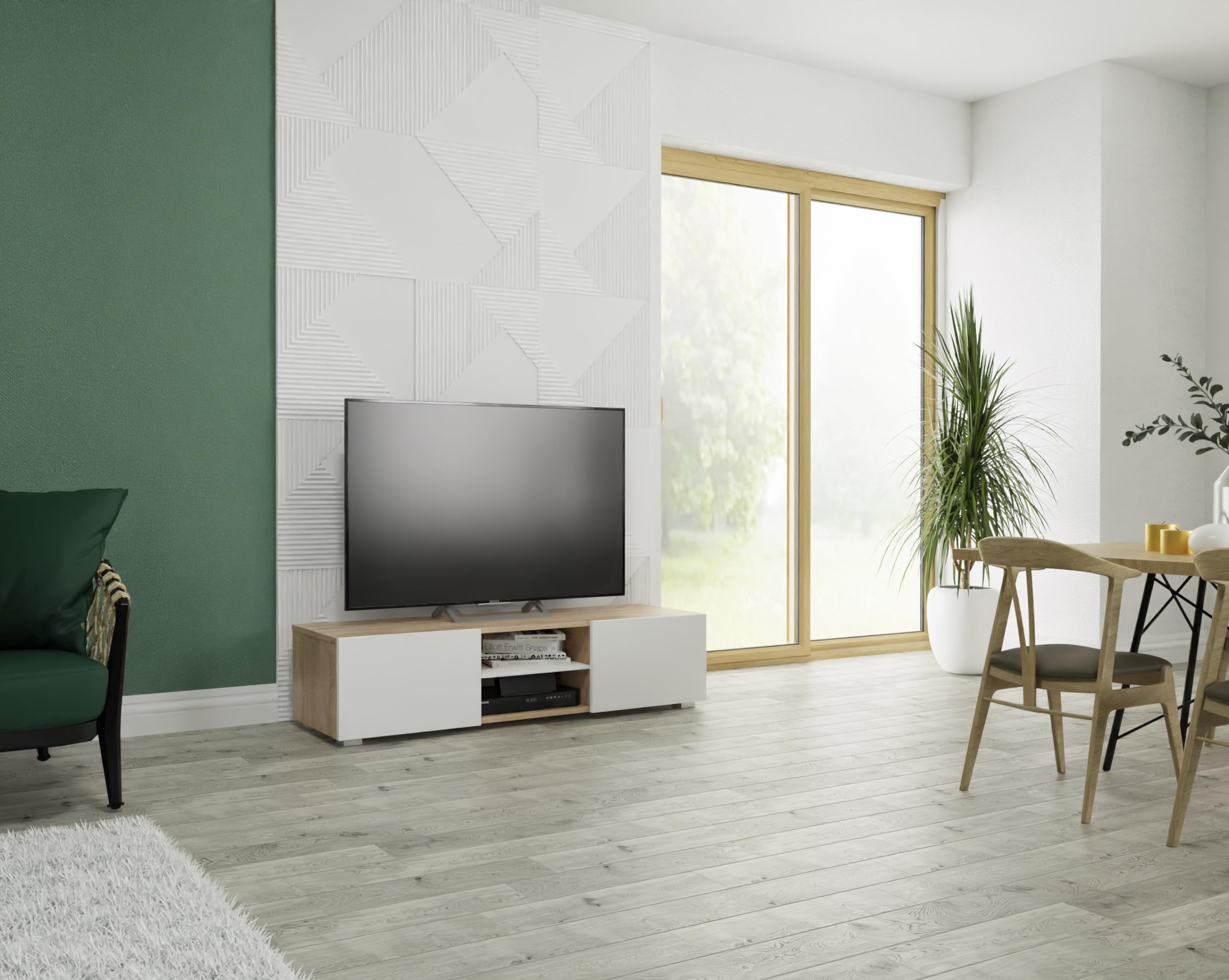 PLATAN ROOM TV Lowboard/Sideboard 140 cm breit Hängeschrank Fernsehschrank TV Kommode mit 2 Türen und offenem Fach in 5 Farbvarianten (Sonoma Eiche/Weiß Matt, 140 cm breit)