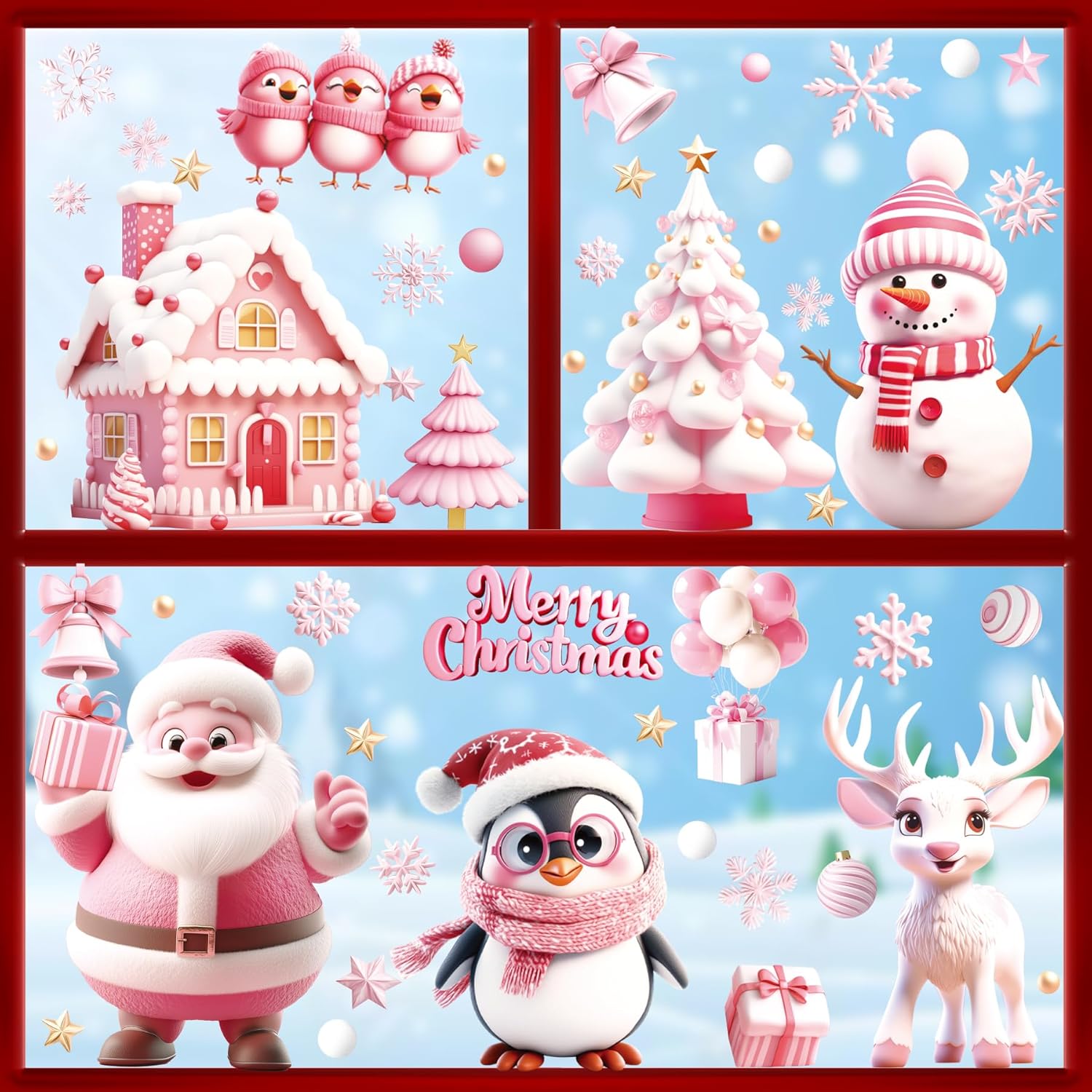 9 Sheet Pink Christmas Window Clings, Vintage Santa Snowman