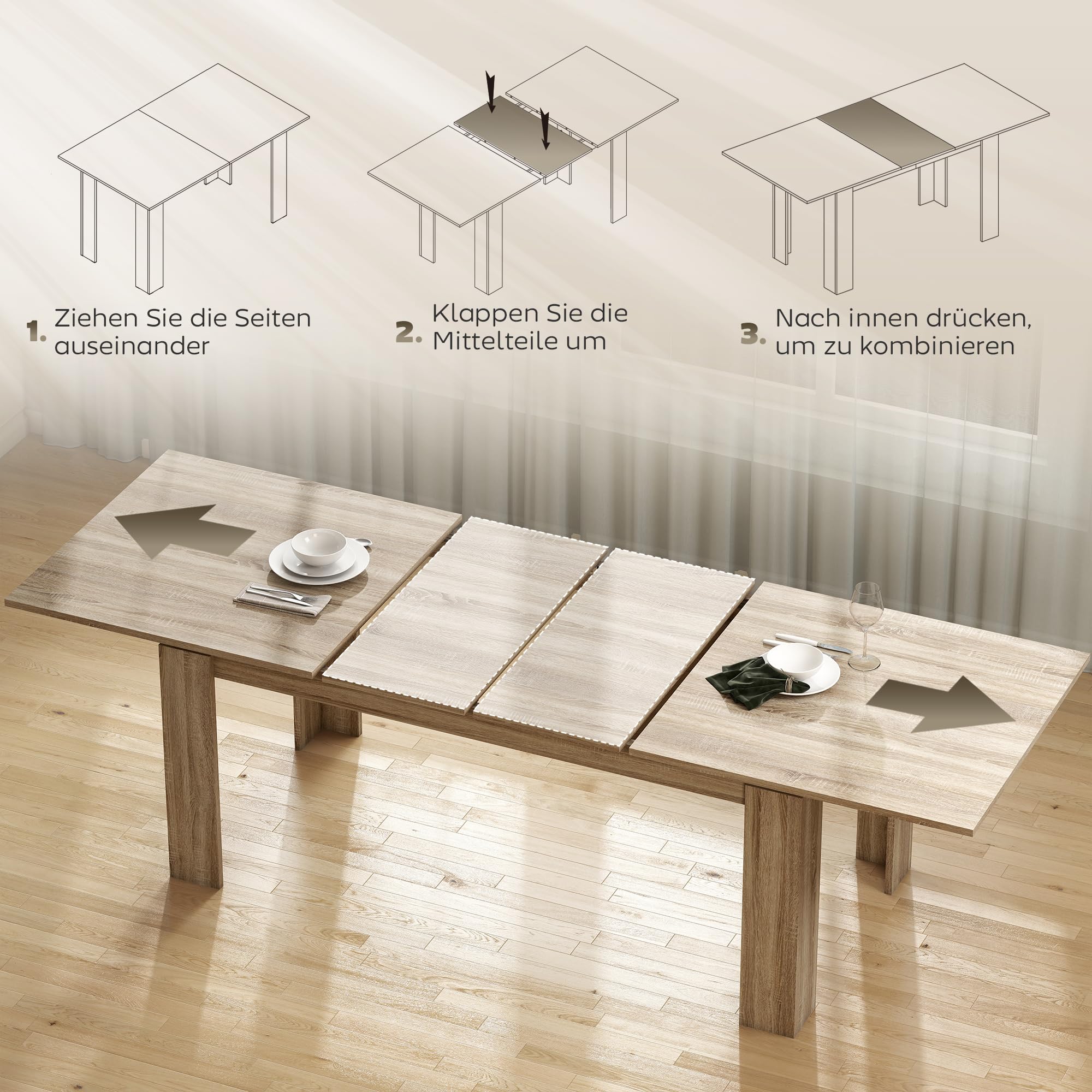 HOMCOM Esstisch ausziehbar 180-260 x 90 cm für 8-10 Personen Eiche