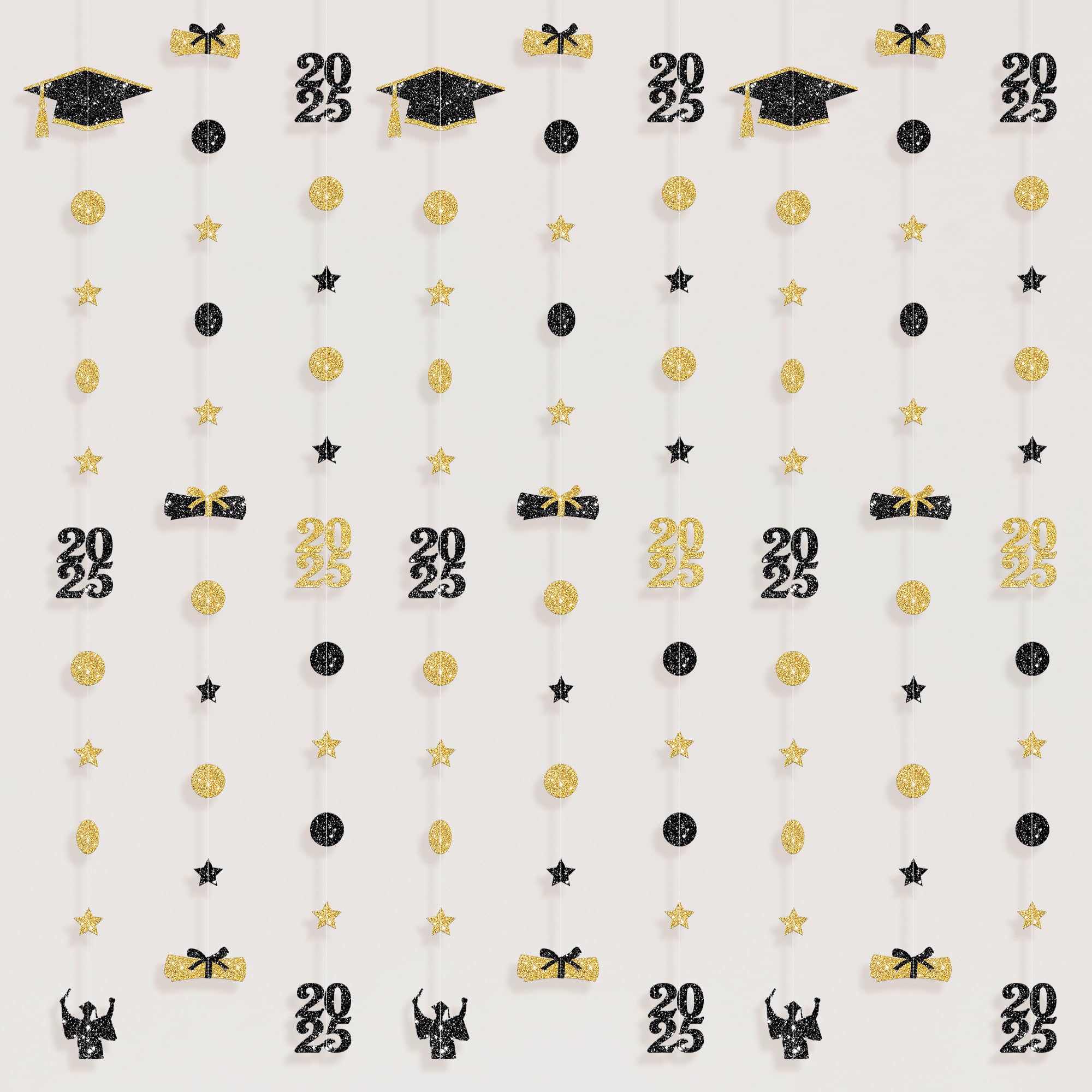 KatchOn, Glitter Grad Cap Garland - No DIY, 9 String, 6.5 Feet Each | Black and Gold Graduation Banner | Grad Garland, Grad Cap Decor | Graduation Decorations 2025, Class of 2025 Decorations