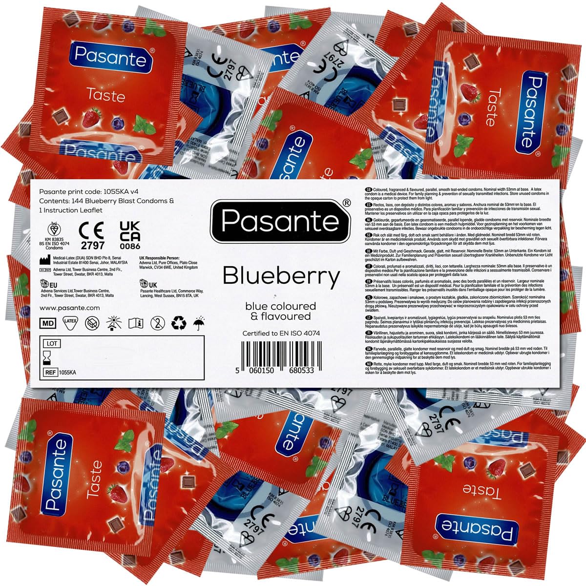 Pasante 440018-144S Préservatifs Blueberry Blast 144 Pièces Bleu