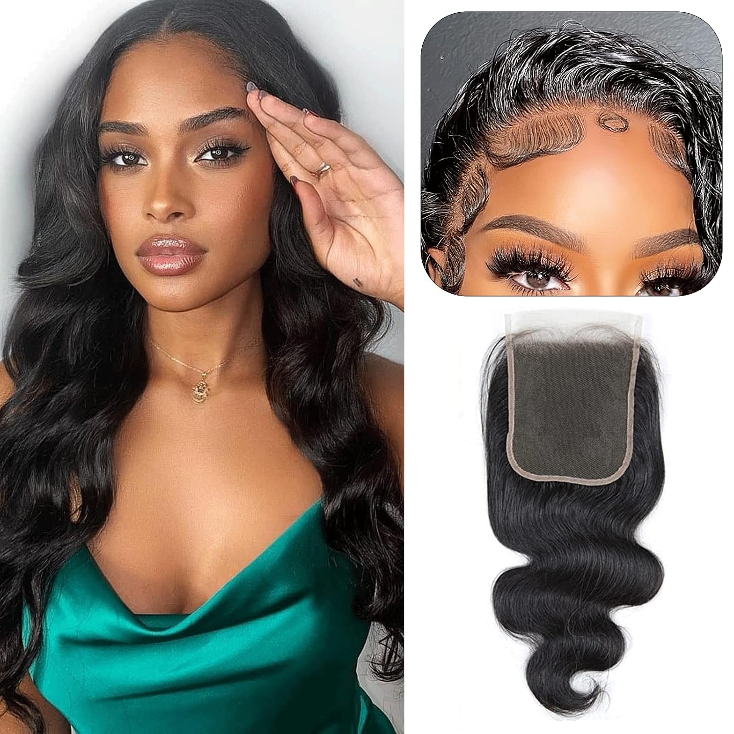 12A HD Lace Closure Human Hair, 5x5 Body Wave Transparent Lace Closure for Black Women, Brazilian Virgin Human Hair, Pre Plucked with Baby Hair, Free Part, 16 inch