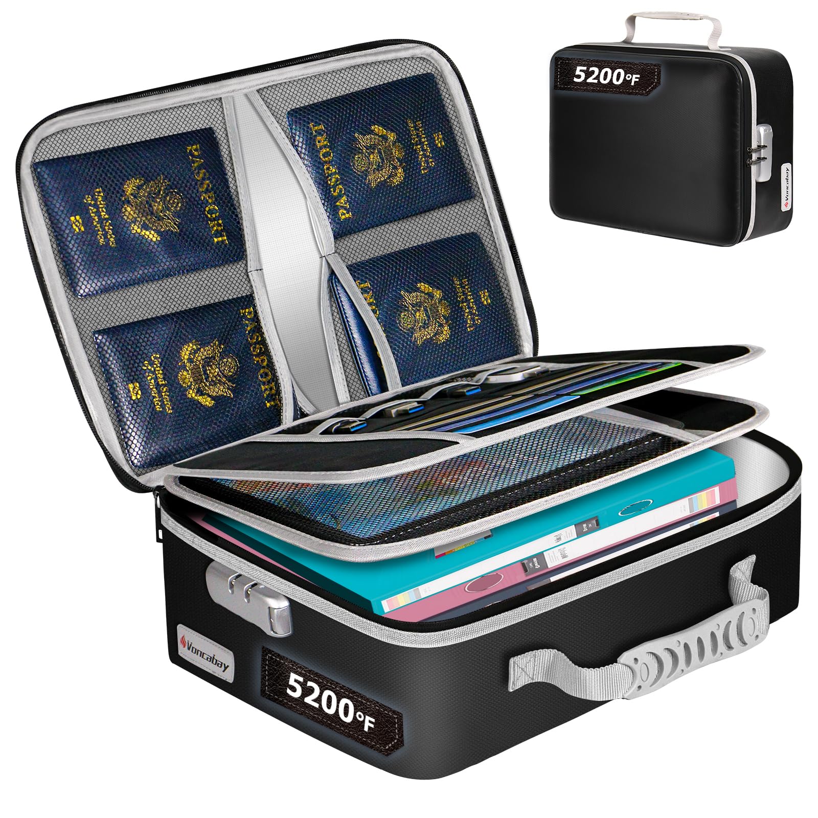 Voncabay5200°F Fireproof Document Bag With Upgraded Aluminum Foil Insulation, 4 -Layer Fireproof File Box with Water-Resistant Zipper for Office Home Travel(15.5" X 11.5"X 5.5")