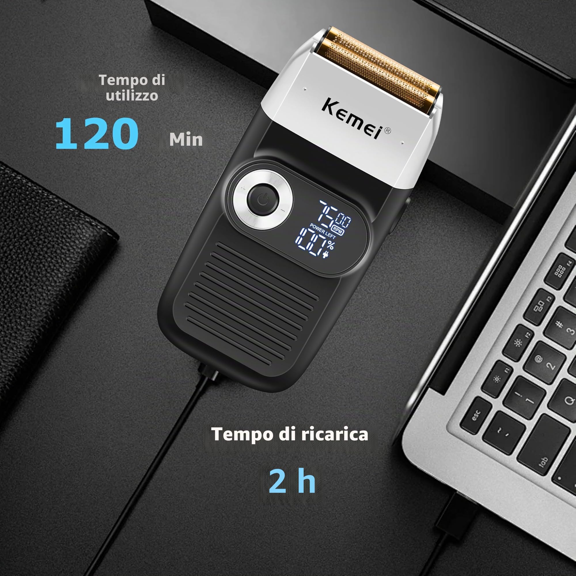 Kemei Rasoio elettrico a lamina per uomo con rifinitura della calvizie Rasoi elettrici senza filo con display a LED,Regali per la Festa Del Papà