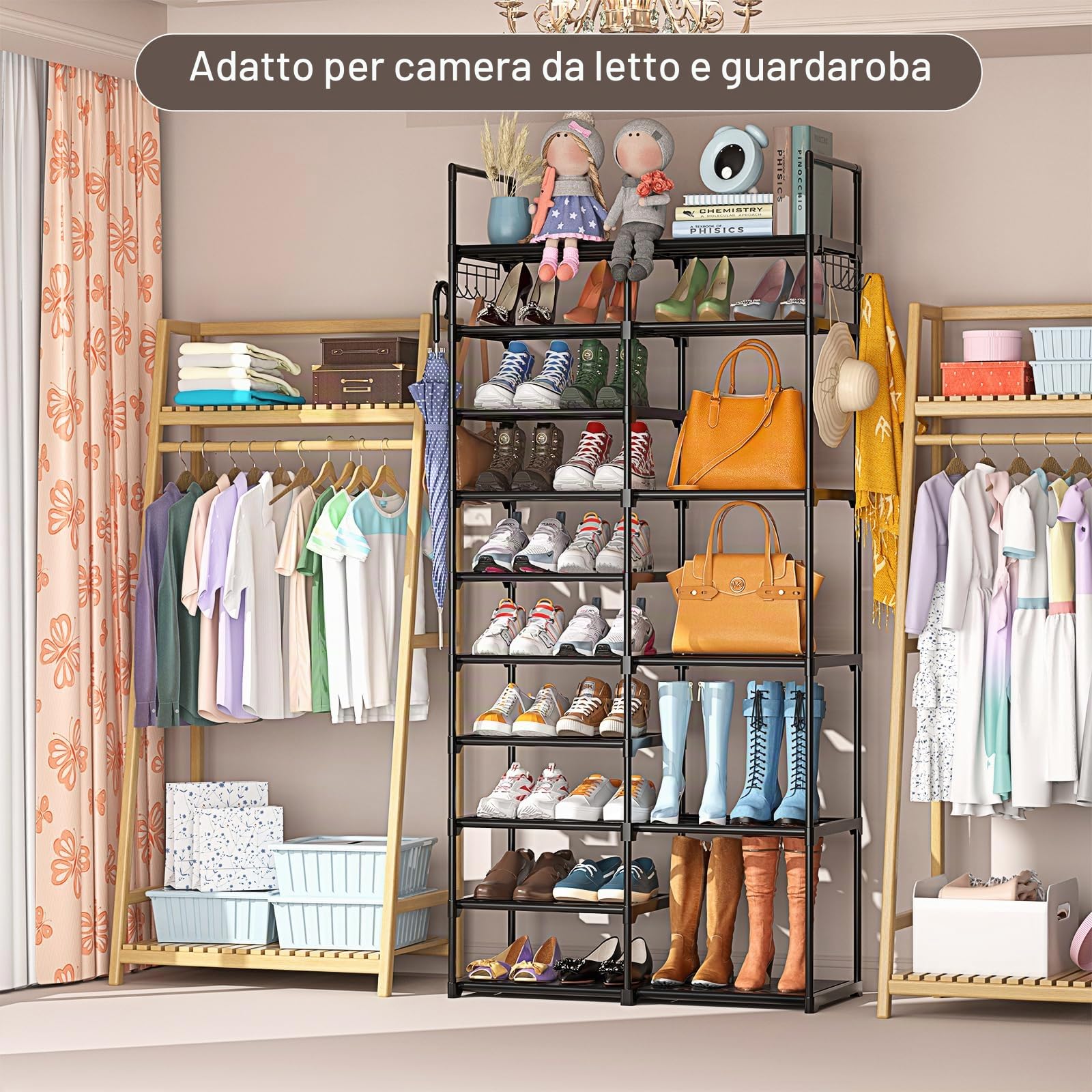 Kottwca - Scarpiera a 2 file con 10 ripiani, organizer per armadio e ingresso, scaffale porta scarpe per 40-45 paia di stivali, scaffale porta scarpe verticale piccolo in metallo impilabile per angolo
