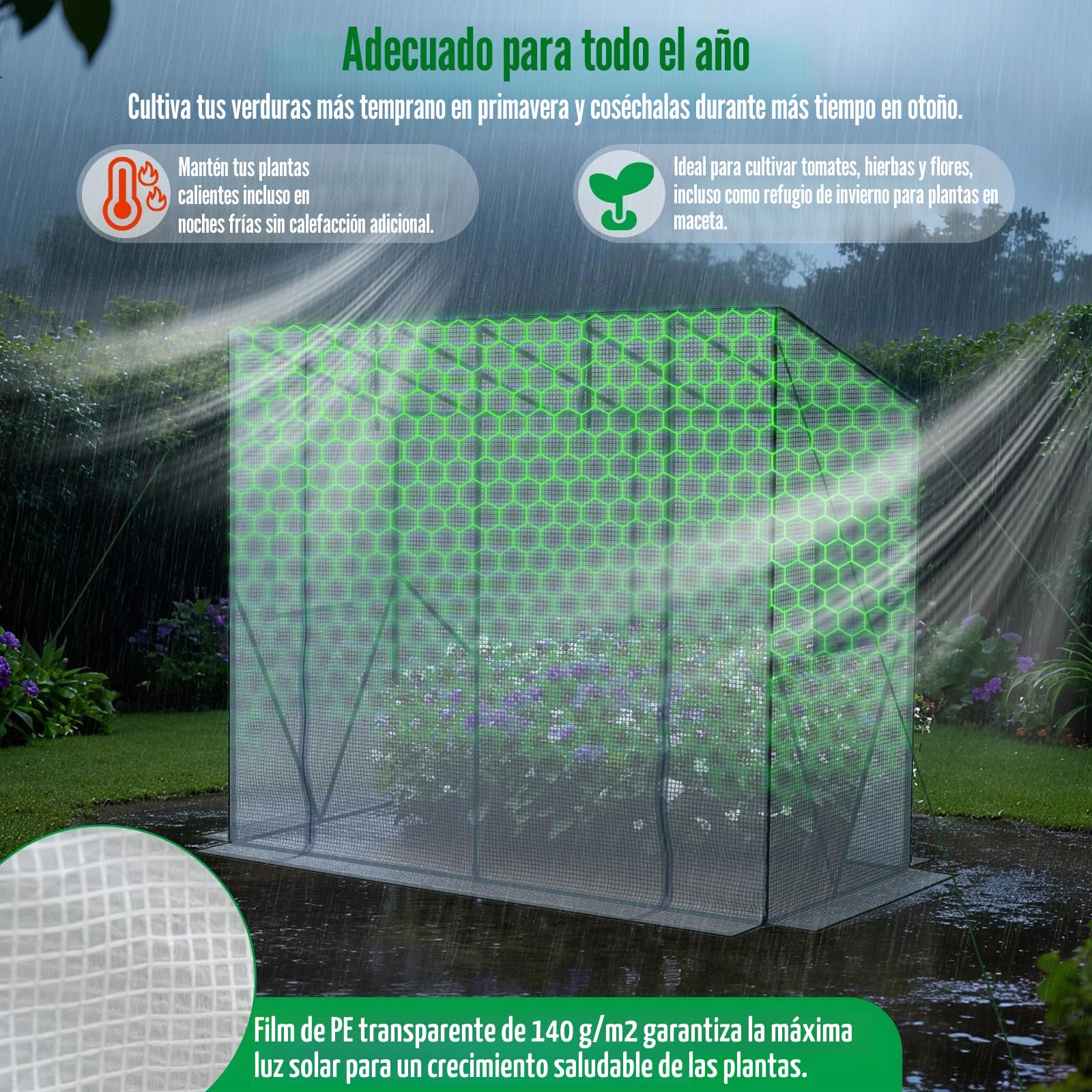 Velway Invernadero de Jardín Impermeable 208x81x170/141cm – Techo Inclinado Invernadero Exterior de PE con Puerta Enrollable y Ventana para Verduras, Plantas, Macetas y Flores – Blanco Translúcido