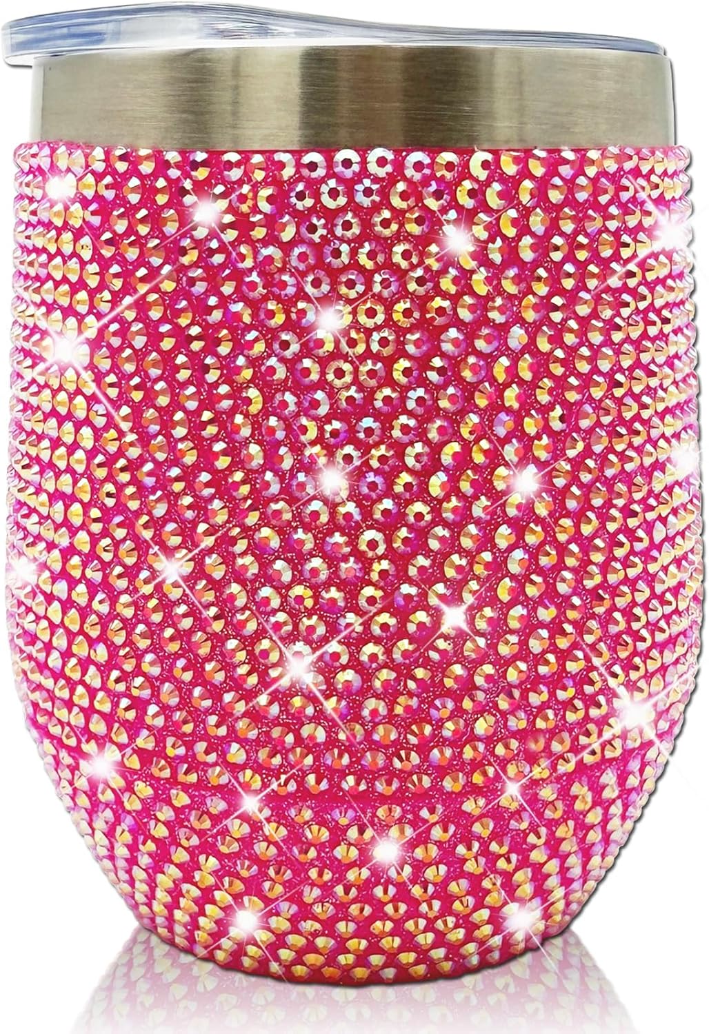 12 oz Bling Wine Tumbler with Lid Rhinestone Insulated Wine Glass Tumbler Double-Wall Vacuum Stainless Steel Coffee Mug Sparkly Travel Cup for Beer Champaign Cocktail (Hot Pink)