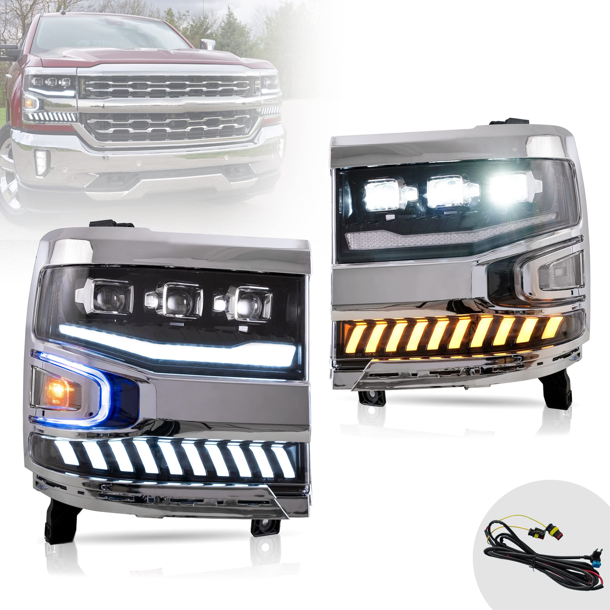 VLAND LED Projector Headlights Compatible for [ 2016-2018 Chevrolet Silverado 1500] With Breath & Dynamic Startup Animation, Sequential Turn Signal,