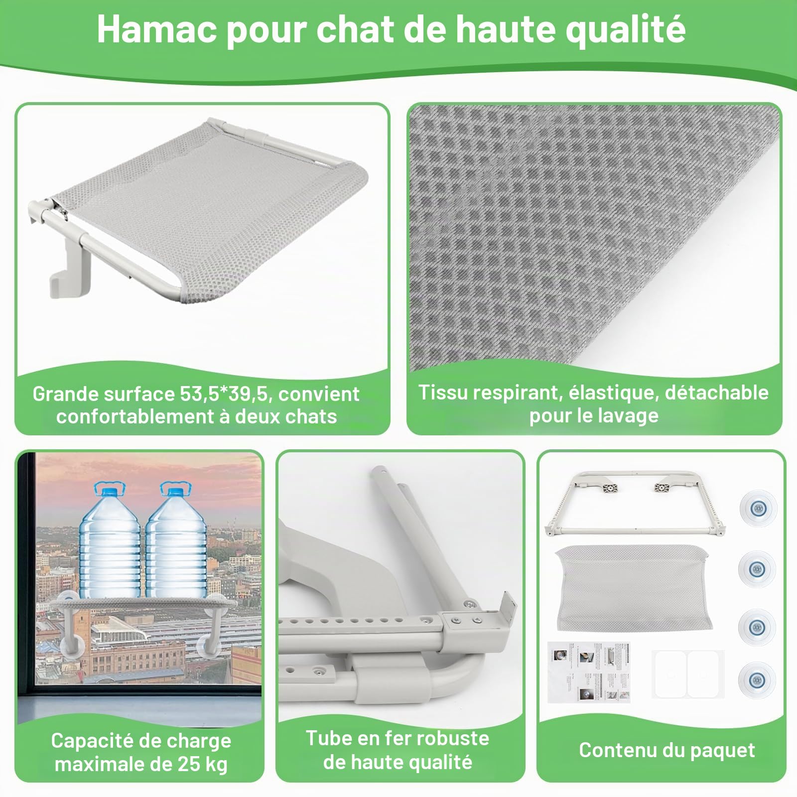 2-en-1 Hamac Chat Fenêtre Pliable 53.5x39.5cm Lit Suspendu Chat avec Ventouses et Crochets Support Usqu'à 25kg Hamac Fenêtre Chatte Confortable et Sécurisé pour Intérieur Extérieur - Gris