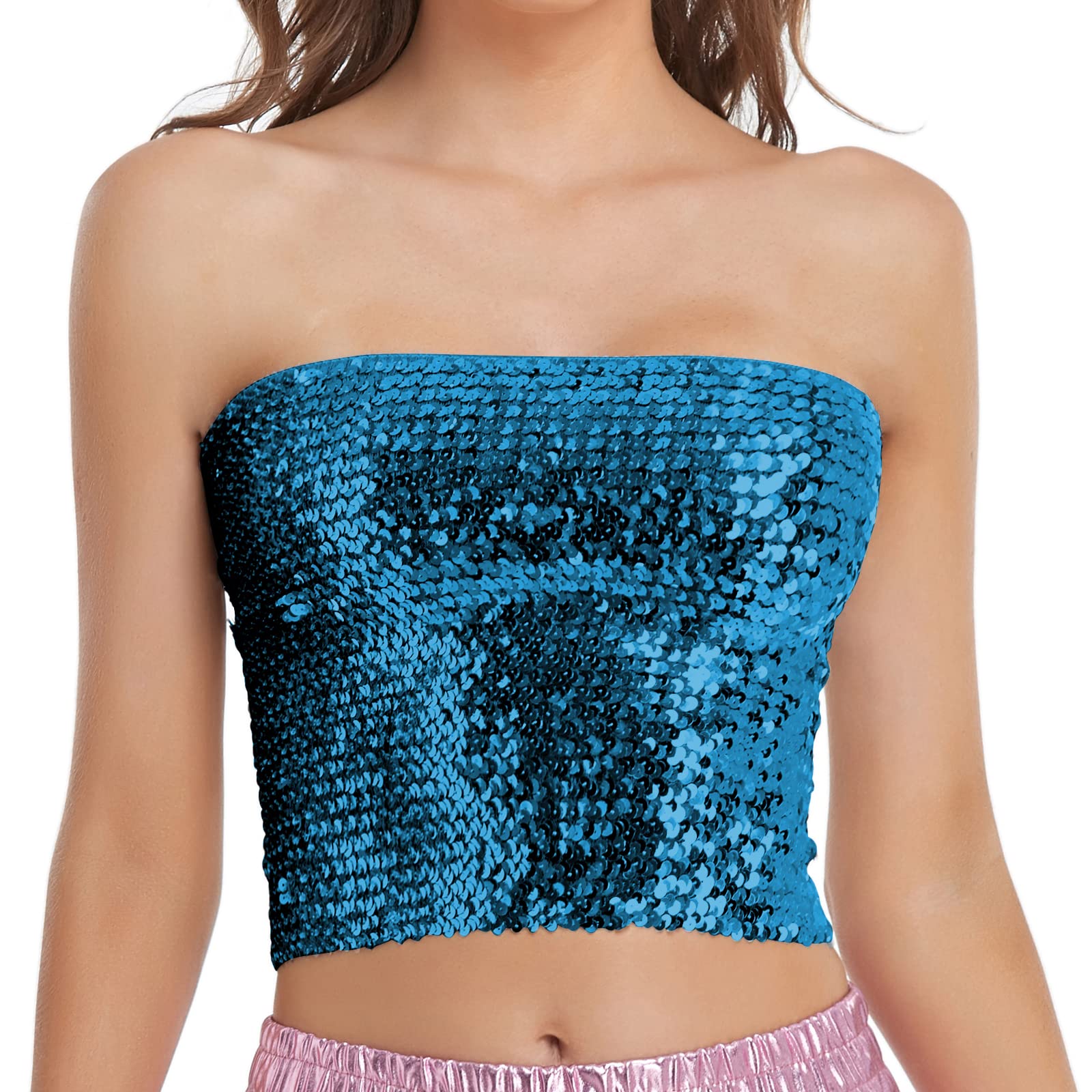 Womens Sparkly Sequin Mermaid Crop Tops, Strapless Metallic Tube Tops for Party Clubwear-image-16
