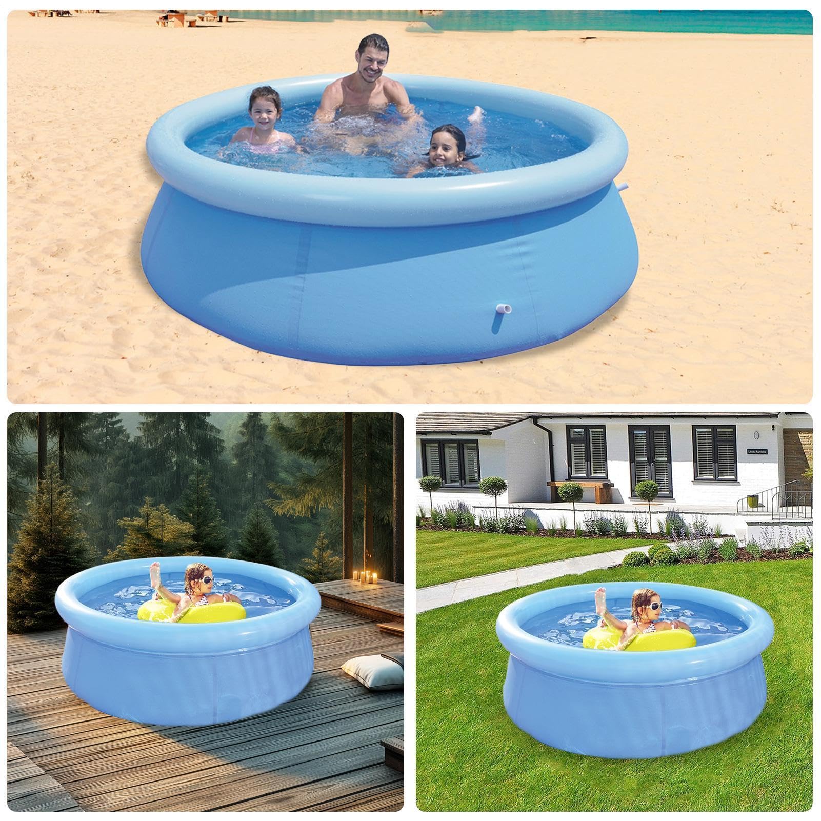 Piscina inflable para natación – PVC 168 x 51 cm 183 x 51 cm, | Piscina familiar al aire libre con marco y anillo superior inflable, plegable para niños | Backyard Garden Water Play
