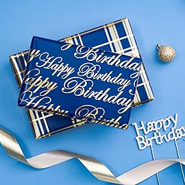 WRAPAHOLIC Birthday Wrapping Paper Roll - Mini Roll - 3 Rolls - 17 inch X 120 inch Per roll - Blue and Gold Foil Design for Party, Holiday, Baby Shower