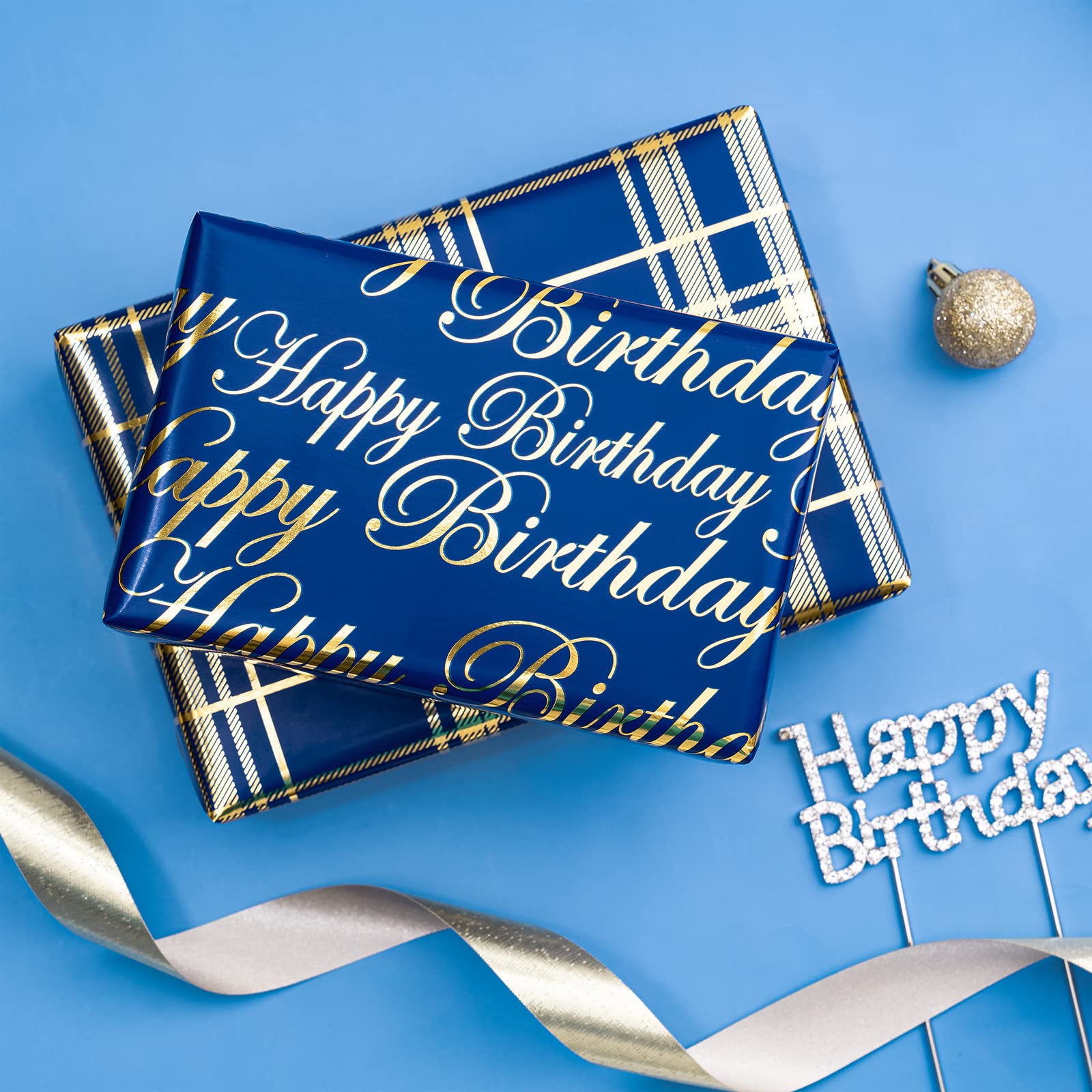 Carta Da Regalo Compleanno Mini Rotolo - 3 Rotoli Blu/Oro Per Feste E Regali - Foto 2