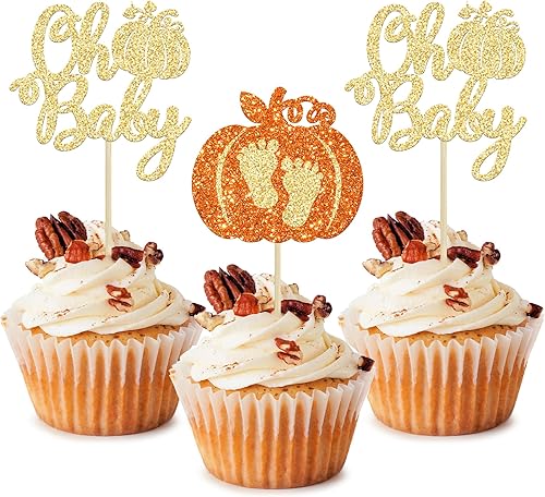 24 piezas de calabaza Oh Baby Cupcake Toppers con purpurina para pies de bebé, calabaza para cupcakes temáticos de otoño, baby shower, fiesta de