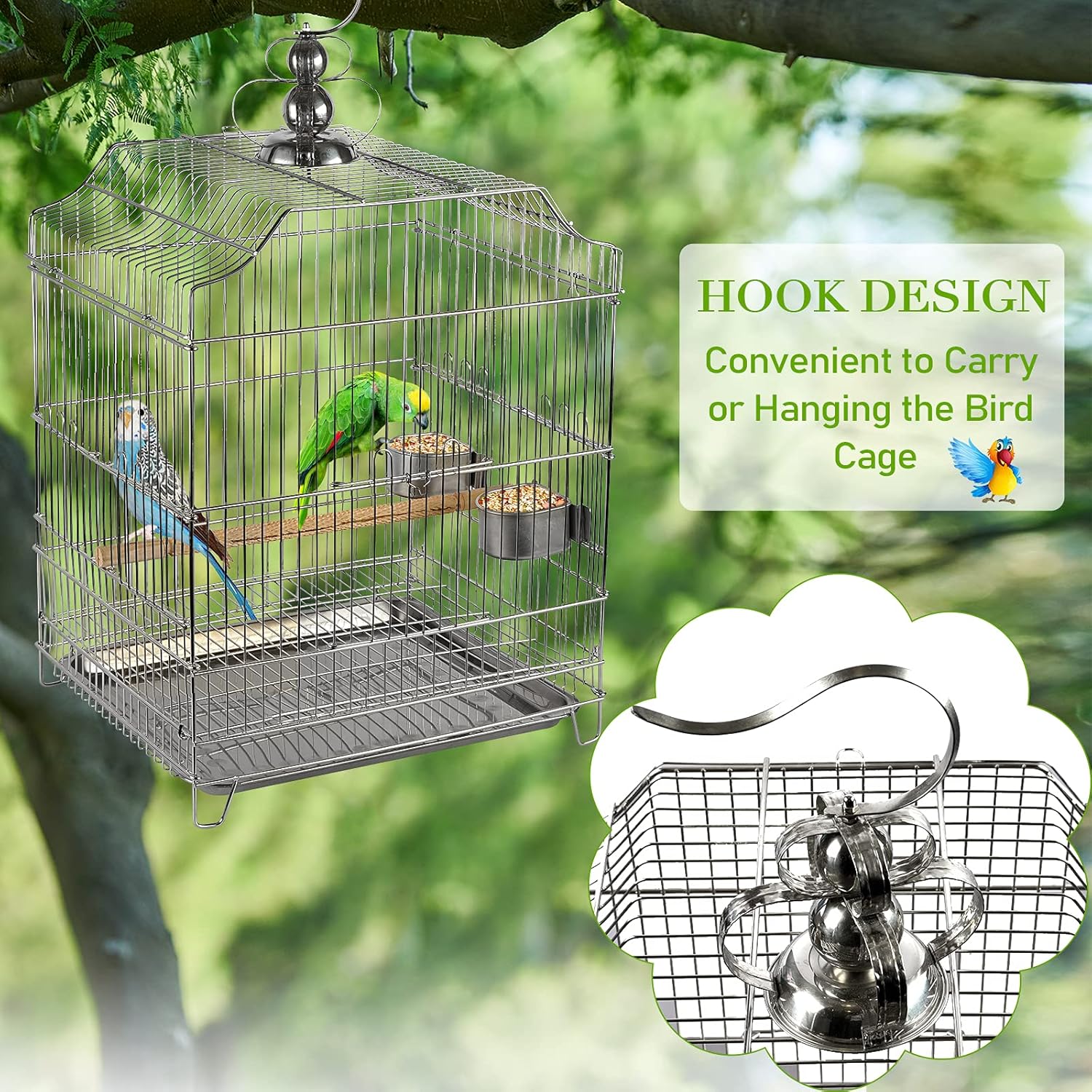 Lilithye Large Stainless Steel Parakeet Bird Cage 30 Inch Height Hanging Parrot Bird Cages with Stand for Cockatiels African Grey Quaker Parakeets Conures Pigeons Flight Perches Birdcage : Pet Supplies