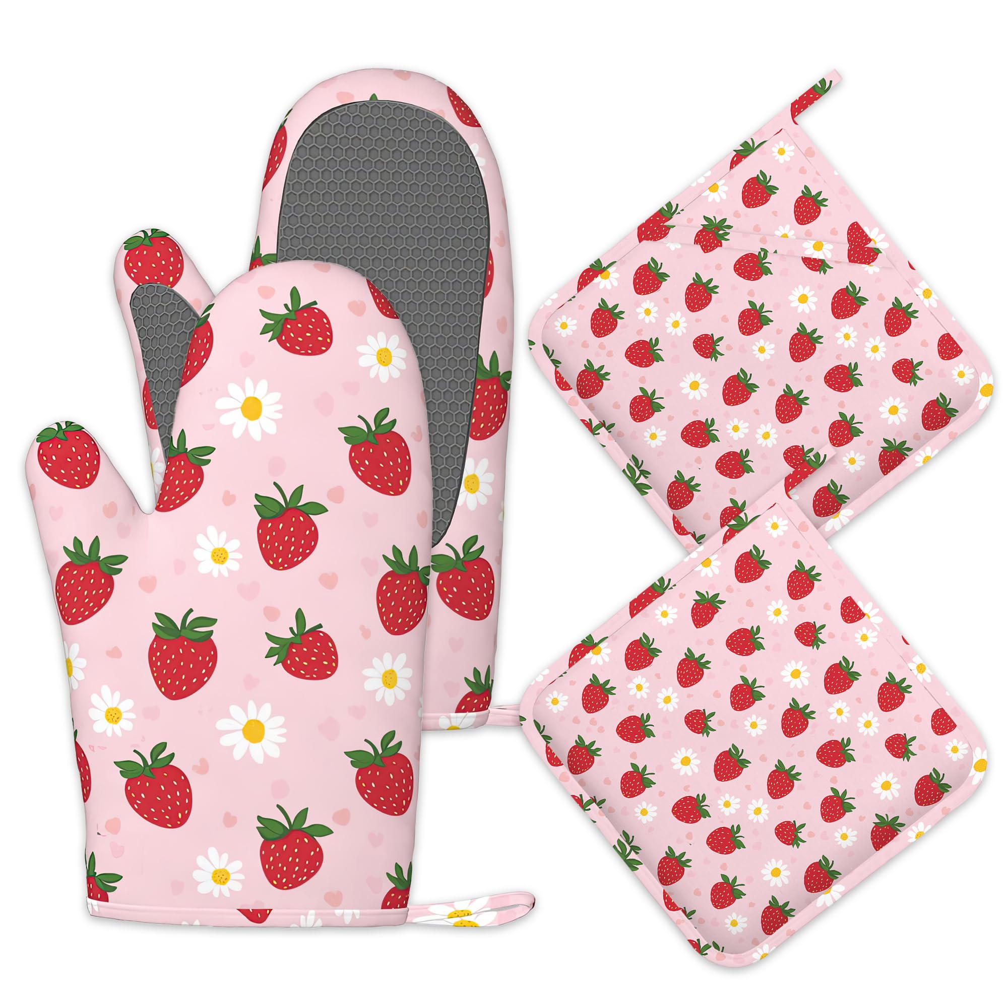 Juego de 4 manoplas de horno y soportes para ollas, diseño floral de fresa, guantes de cocina resistentes al calor con silicona antideslizante para hornear, cocinar, barbacoa