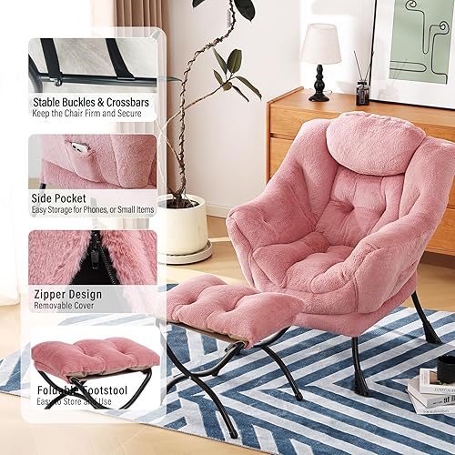 Miniatura 5 de Silla Lazy con otomana, silla moderna con reposapiés plegable, silla de acento de salón, cómoda silla de lectura (rosa oscuro de felpa)