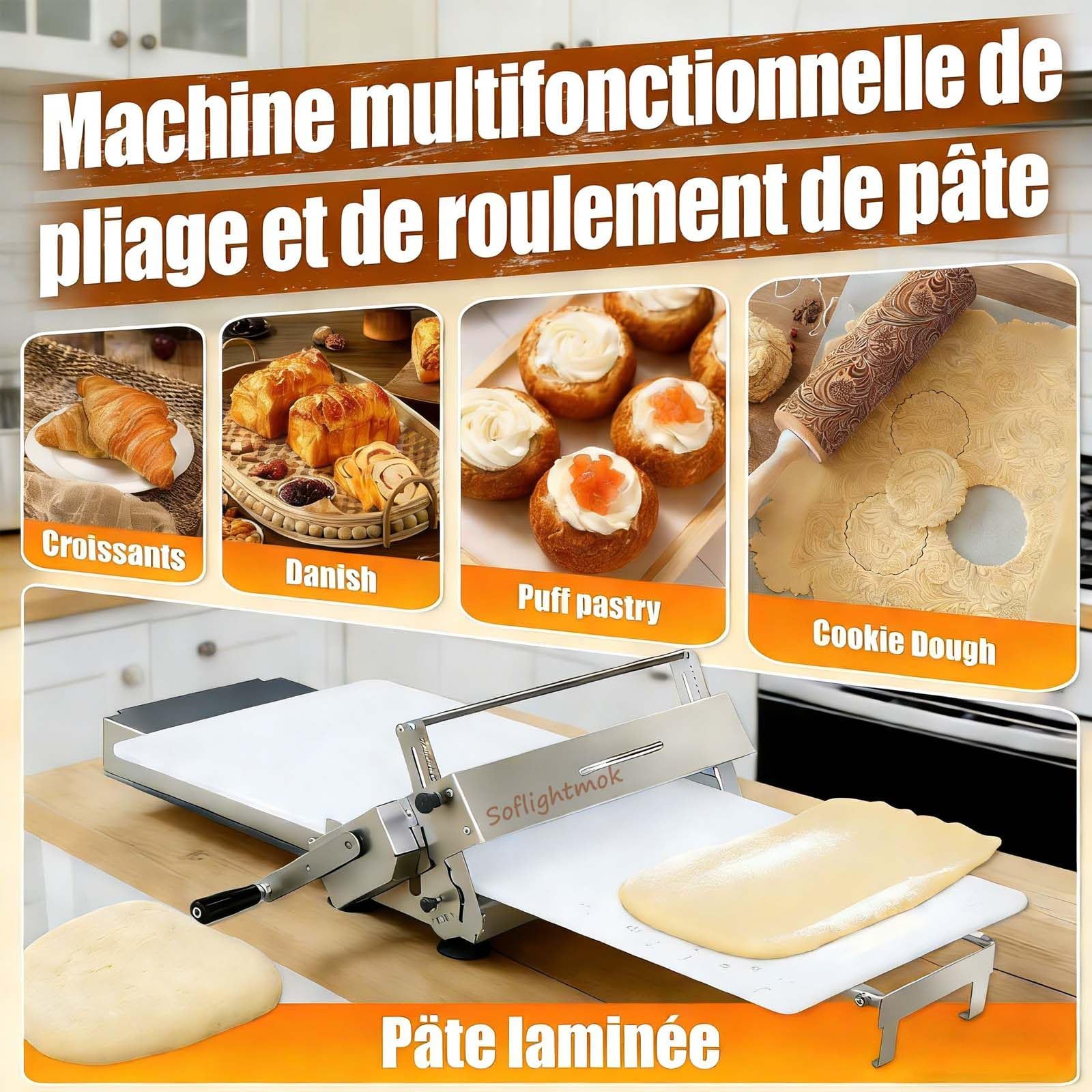 Laminoir à PâTe, Laminoir RéVersible pour PâTe FeuilletéE Et Fondante,Laminoir à PâTe Manuel, éPaisseur RéGlable De 0 à 25mm, Laminoir Pliable pour Boulangeries Et PâTisseries TypeB