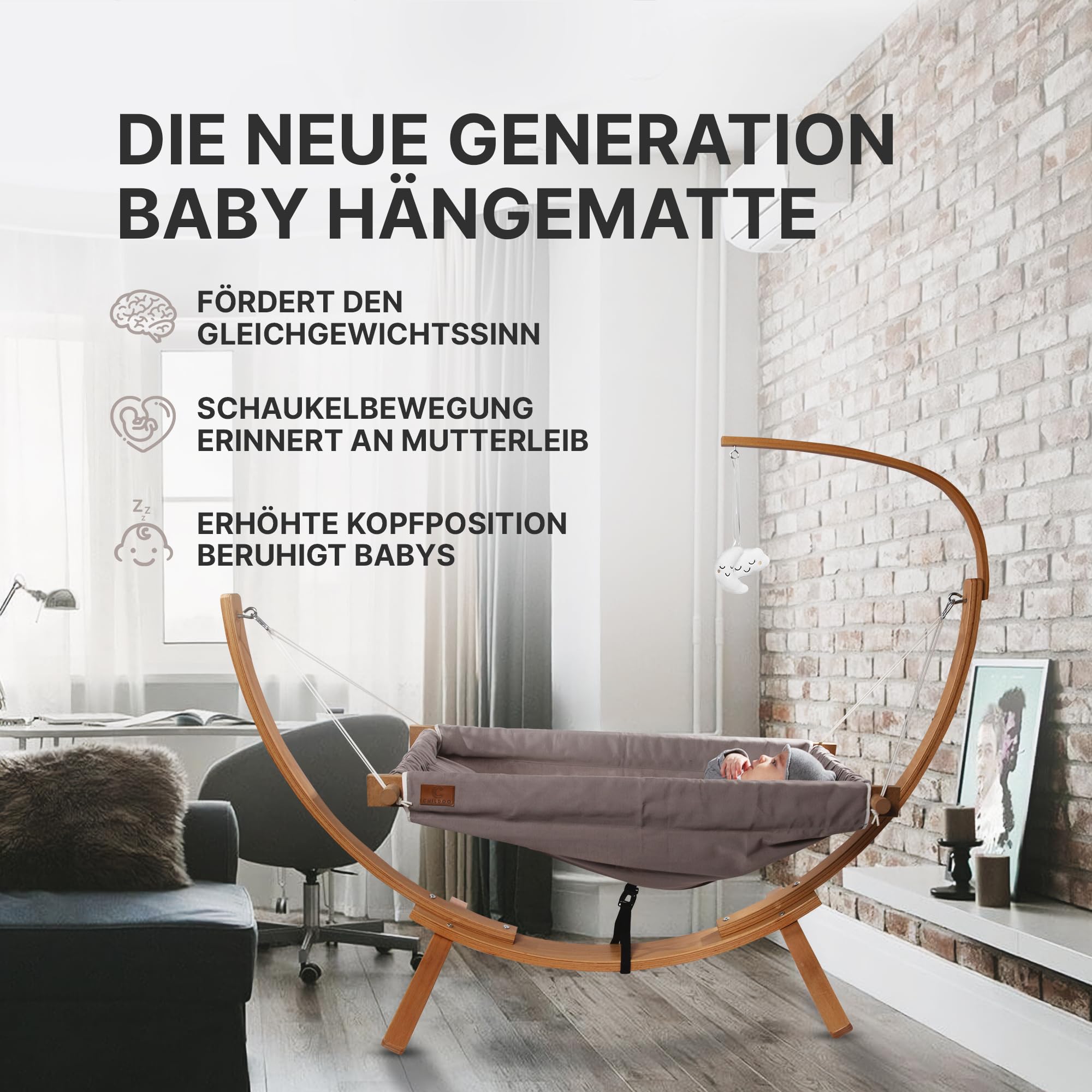 Baby Hängematte [QuickFix-Schlaufe] Babywiege Babybett Federwiege mit Gestell Kinderschaukel Babywippe für Kinderzimmer, Esszimmer, Wohnzimmer | Grau