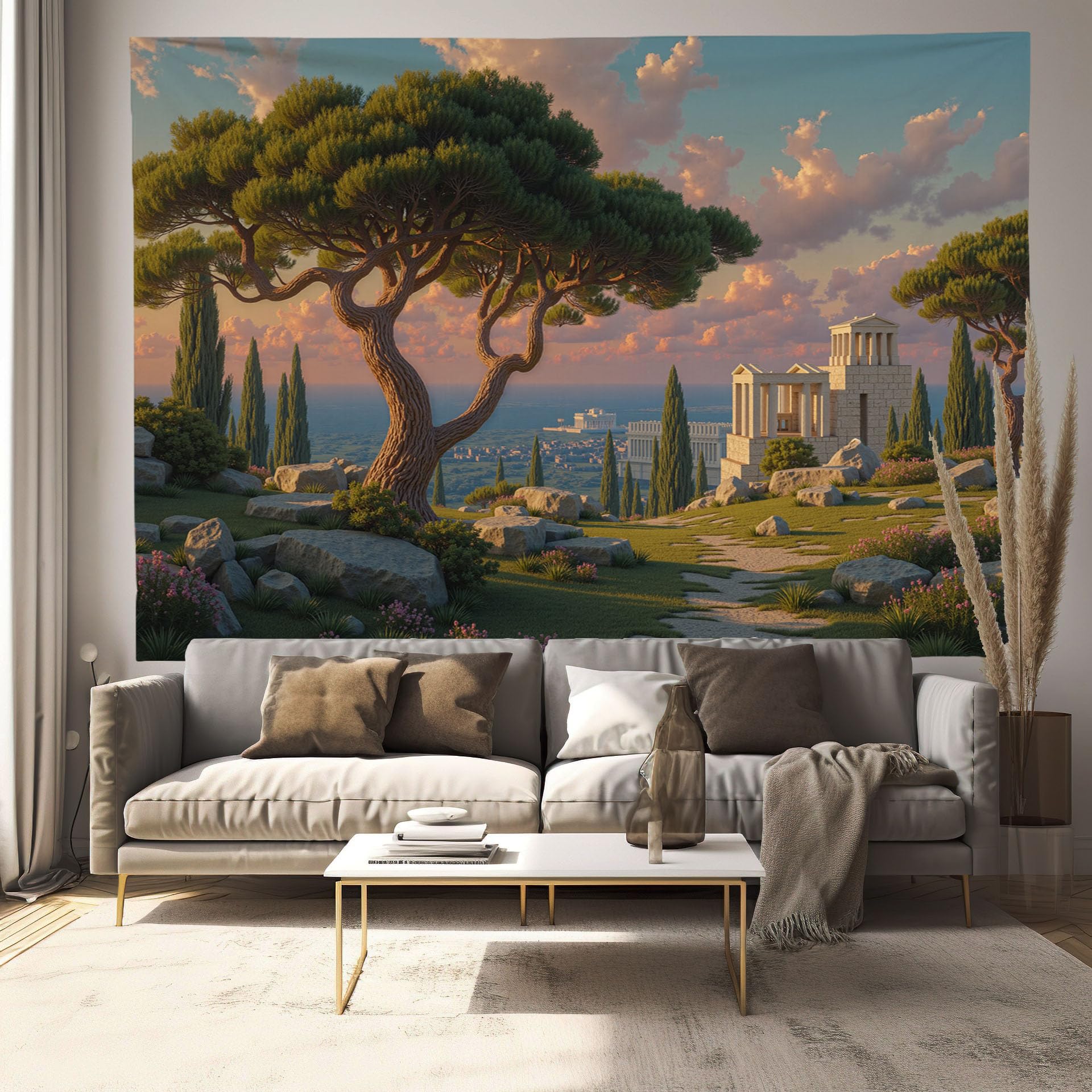 Tapiz de pared 3D con estampado de bosque retro y arquitectura de 230x150cm 8