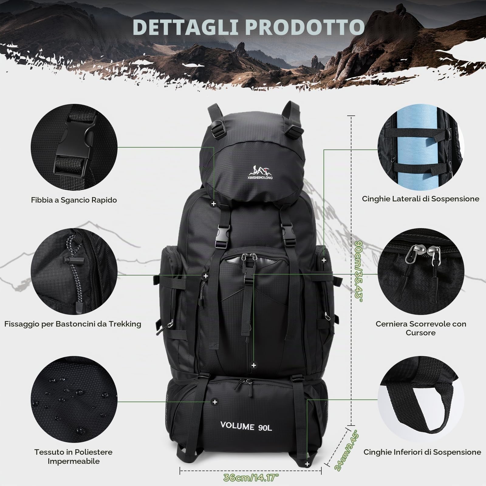 90L Zaino da Escursionismo Trekking Campeggio Viaggio Grande Impermeabile per Uomo Donna, Zaino Montagna Borsa da Viaggio con Multi-scomparti per Alpinismo Arrampicata Campeggio e Turismo